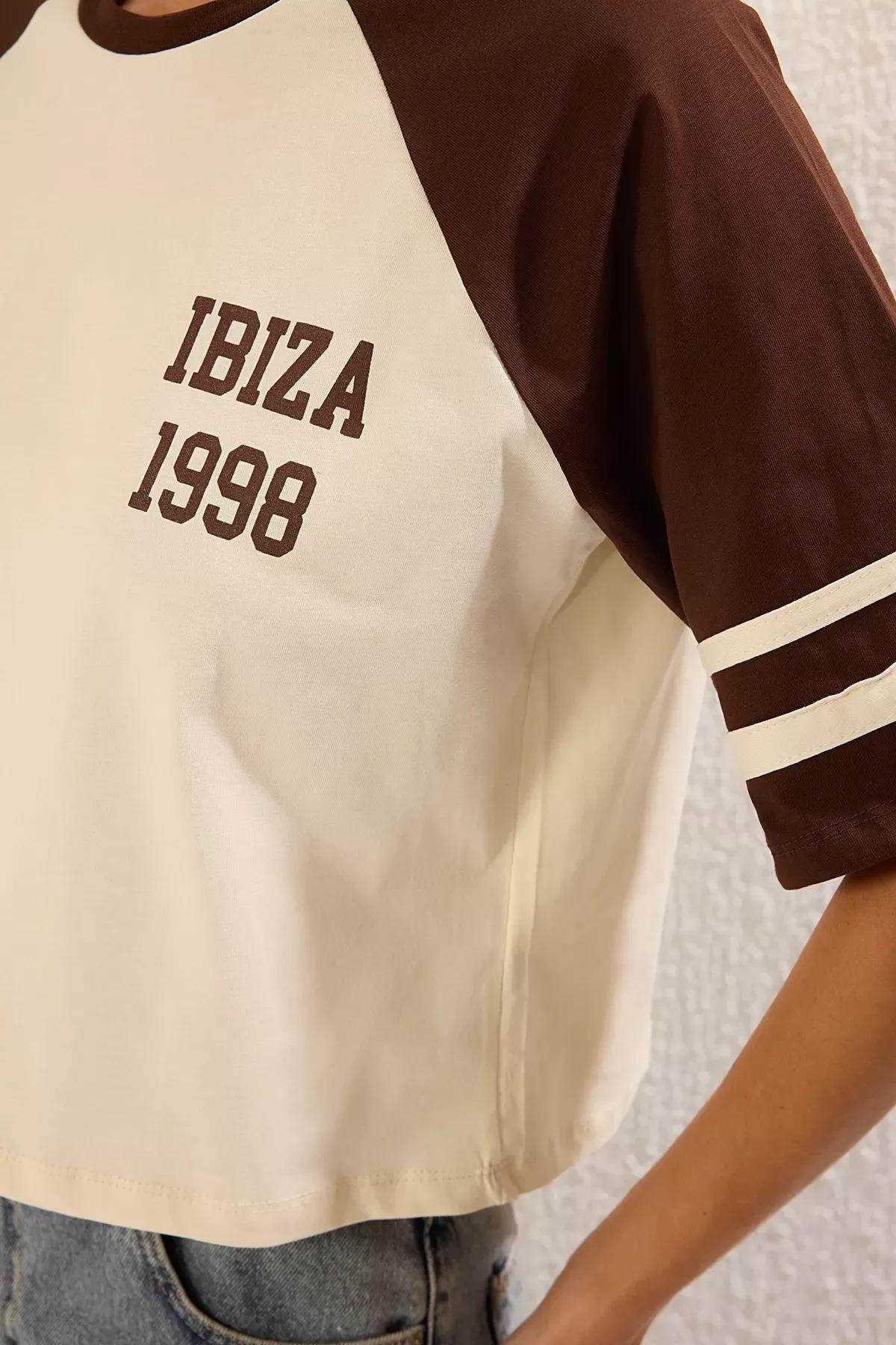 Beige Color Block Slogan Knit T-shirt, STONE, large image number 3