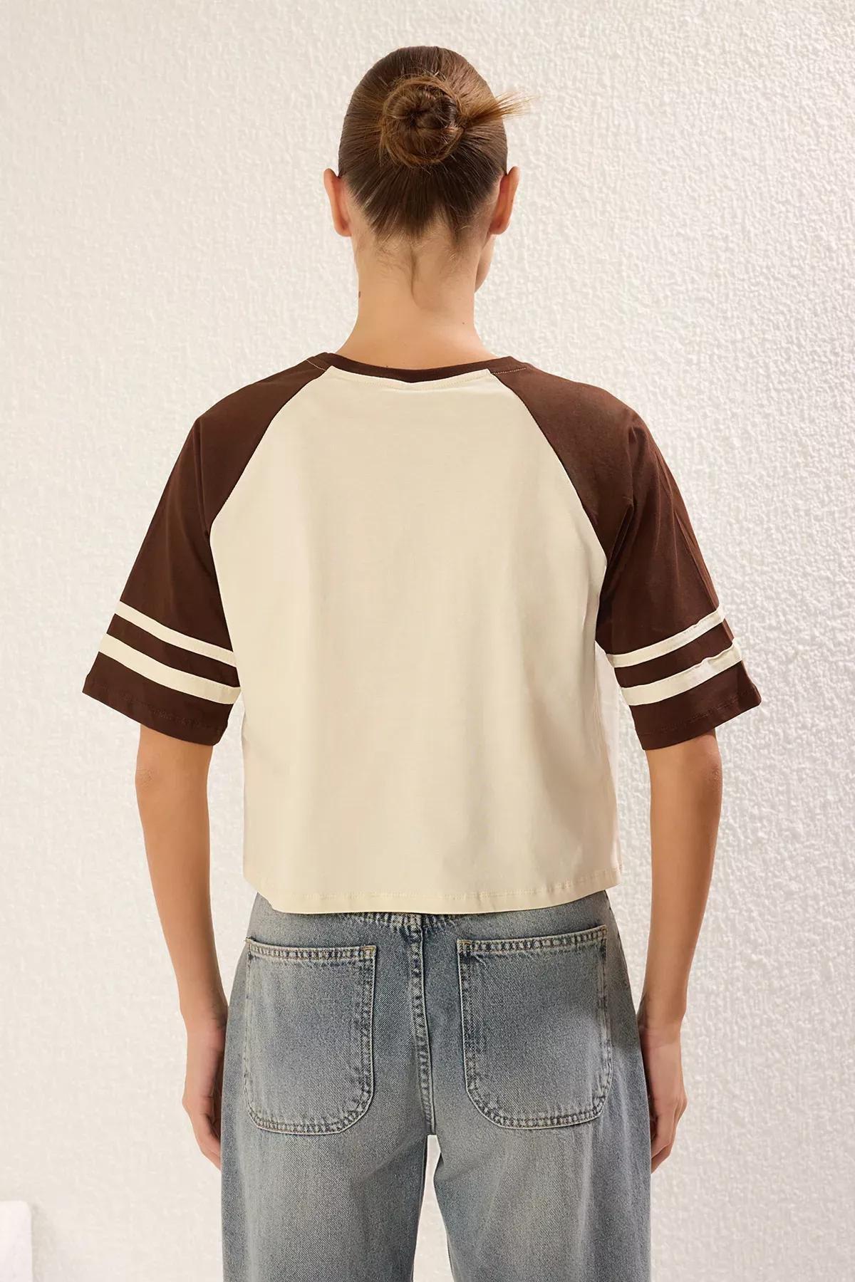 Beige Color Block Slogan Knit T-shirt, STONE, large image number 4