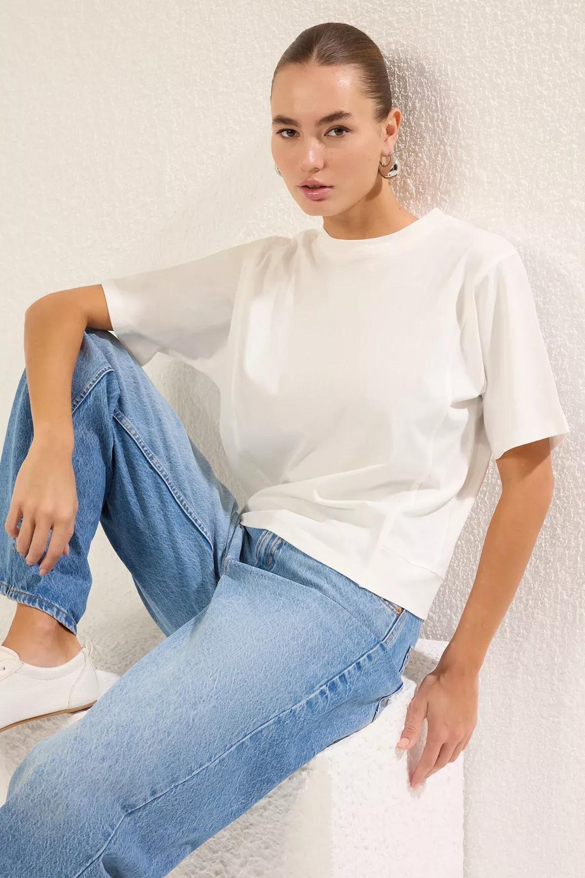 Beige Stitch Detail Relaxed T-Shirt, Ecru, large image number 0