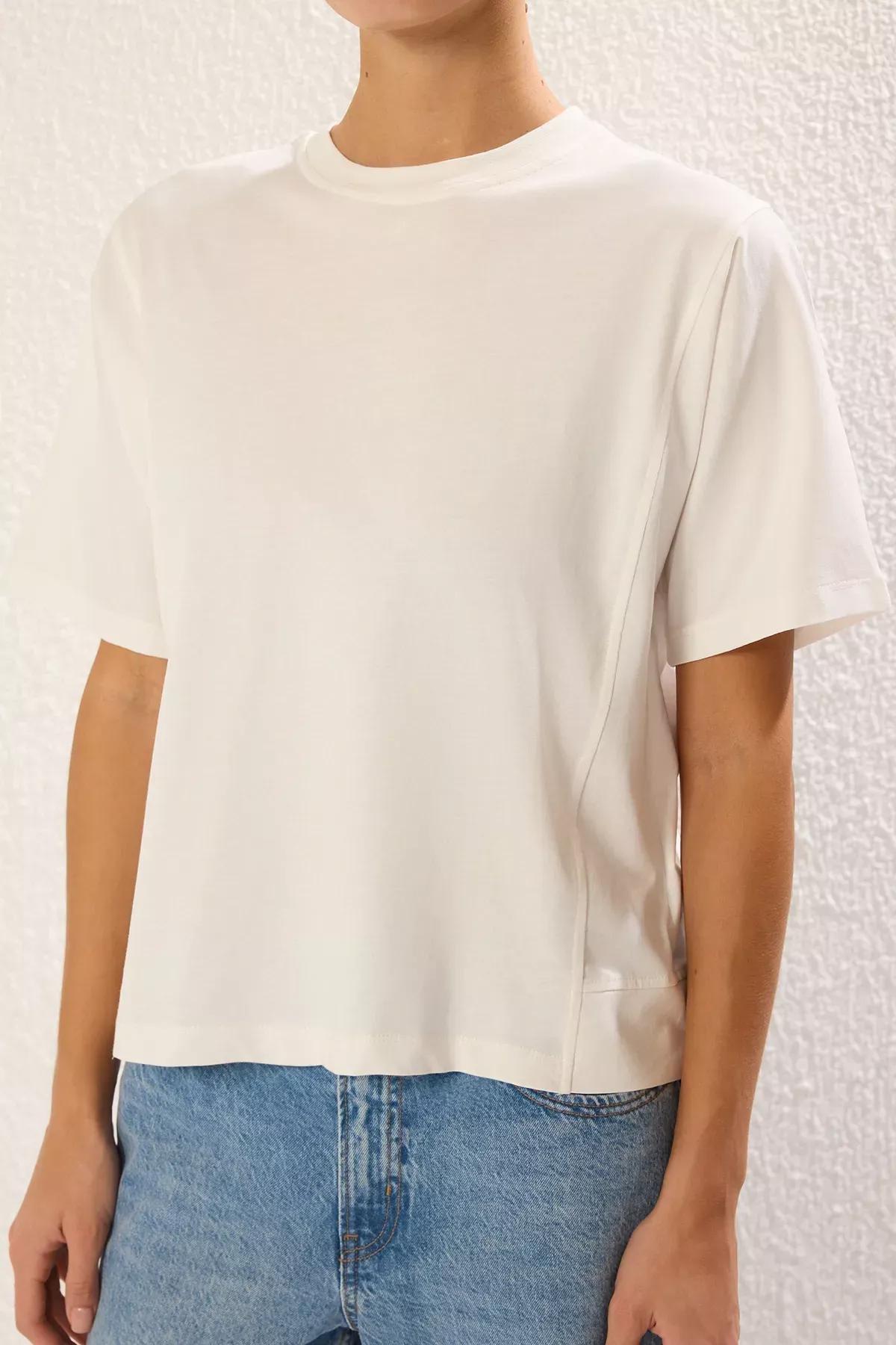 Beige Stitch Detail Relaxed T-Shirt, Ecru, large image number 2