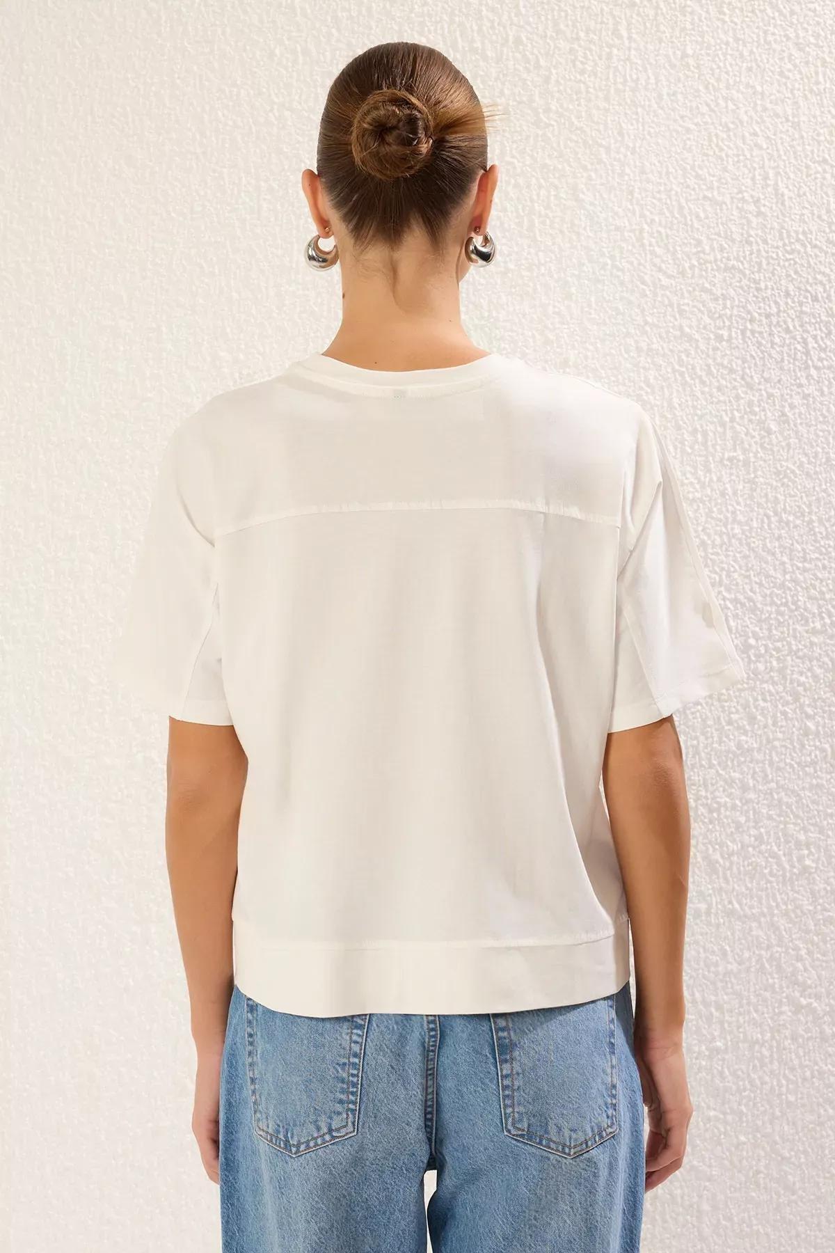 Beige Stitch Detail Relaxed T-Shirt, Ecru, large image number 4