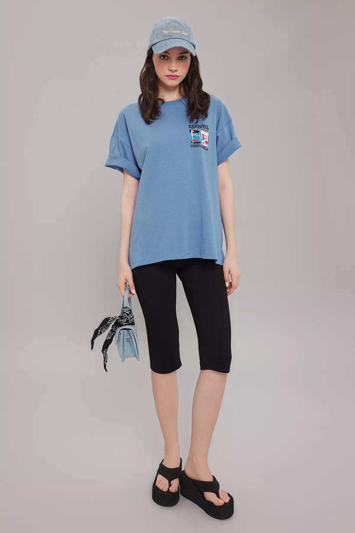 Blue Oversized Printed Knit T-Shirt, Indigo, large image number 0