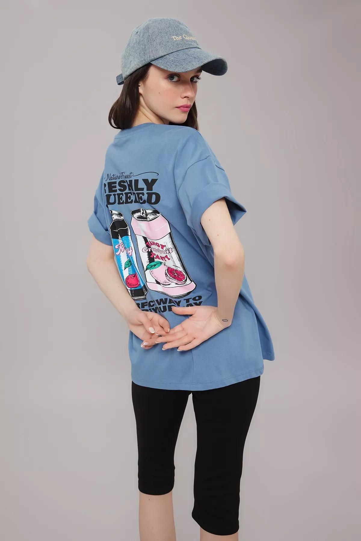 Blue Oversized Printed Knit T-Shirt, Indigo, large image number 1
