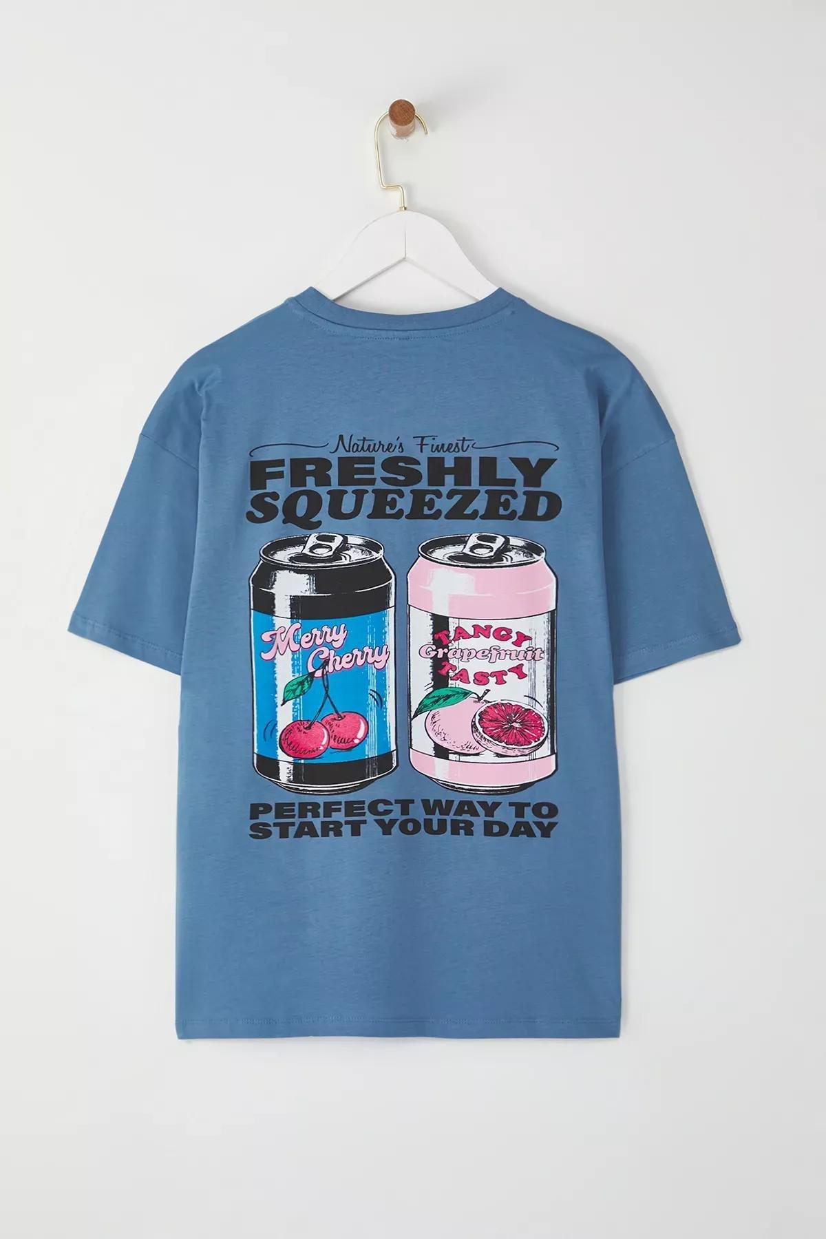 Blue Oversized Printed Knit T-Shirt, Indigo, large image number 4