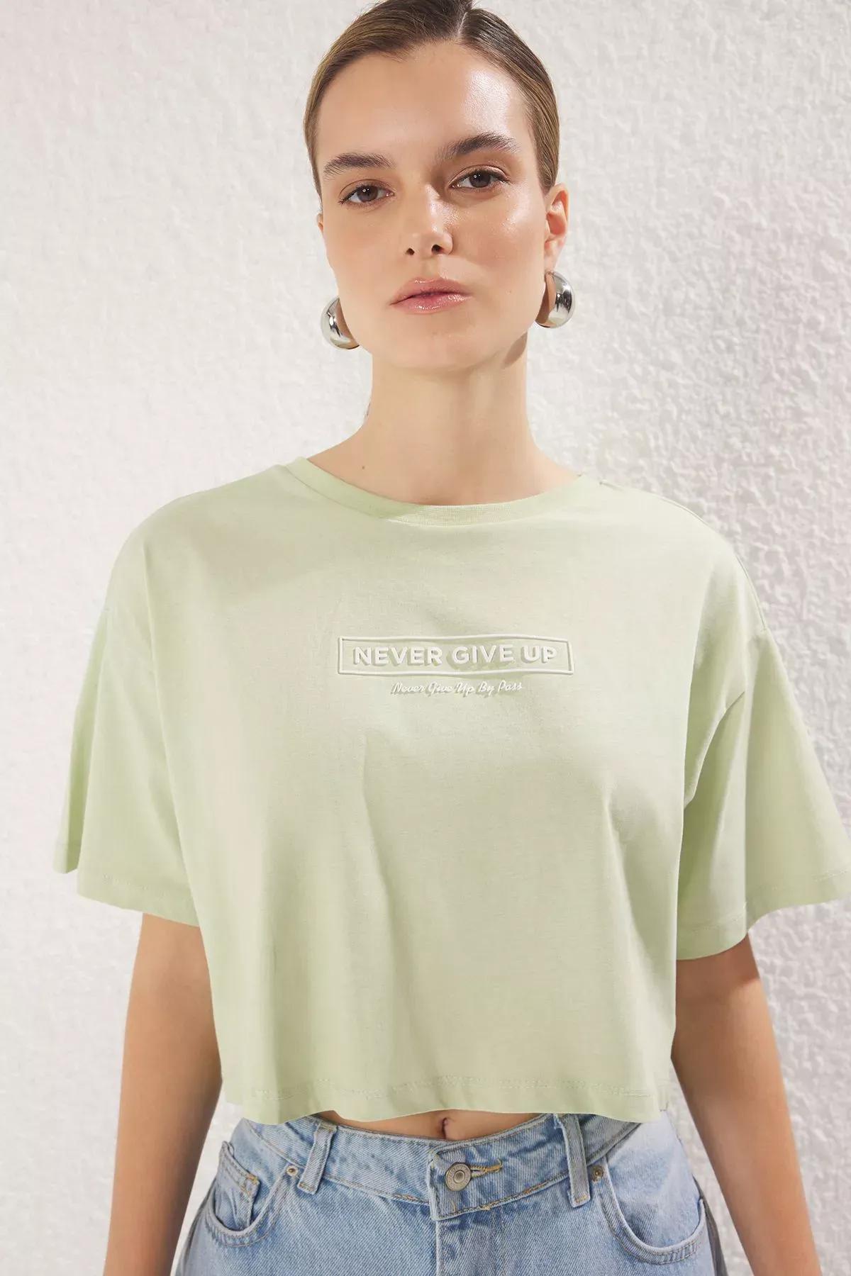 Green Relaxed Crop Knit T-Shirt, Mint, large image number 0