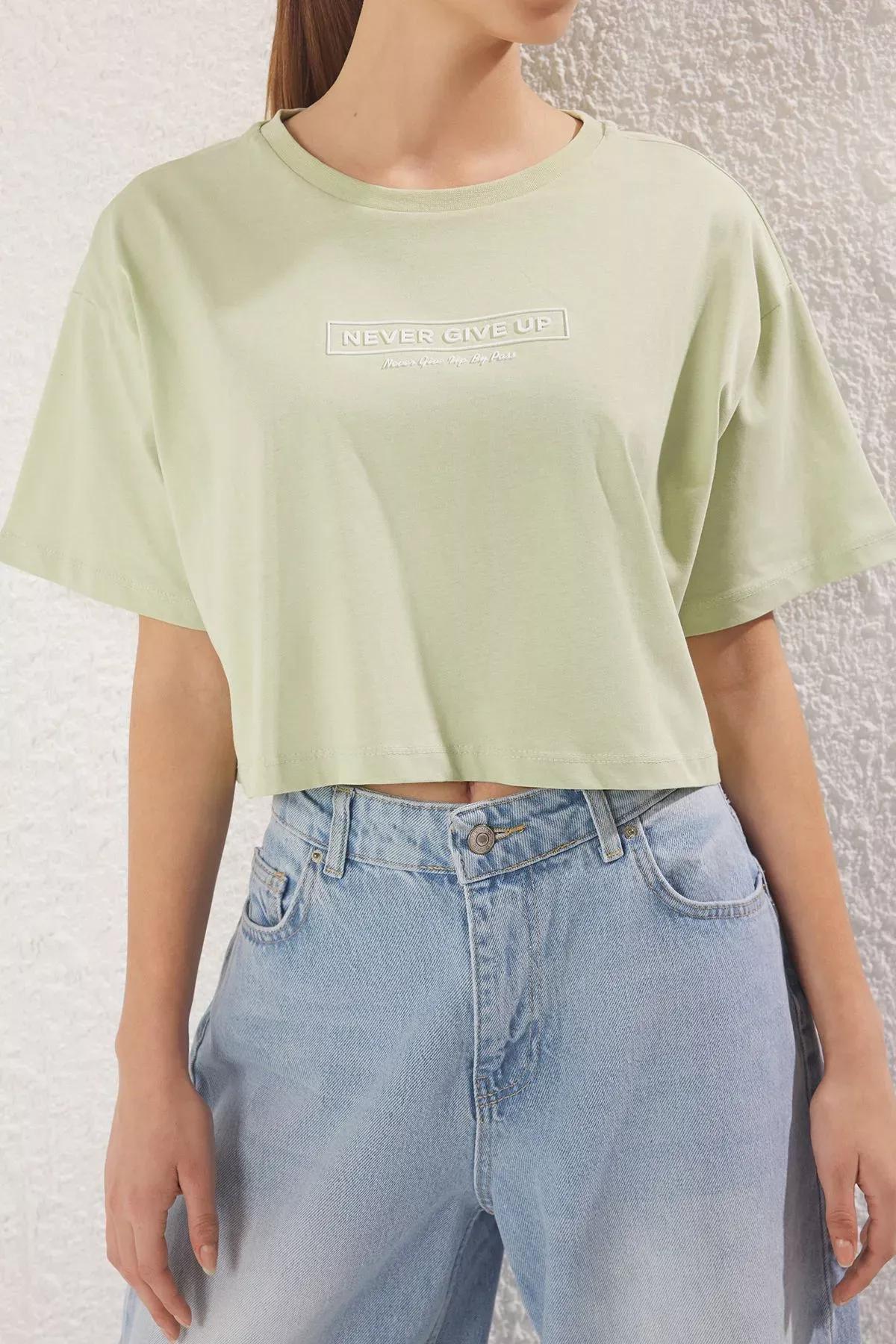 Green Relaxed Crop Knit T-Shirt, Mint, large image number 2