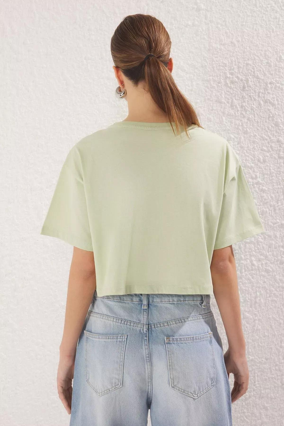 Green Relaxed Crop Knit T-Shirt, Mint, large image number 4