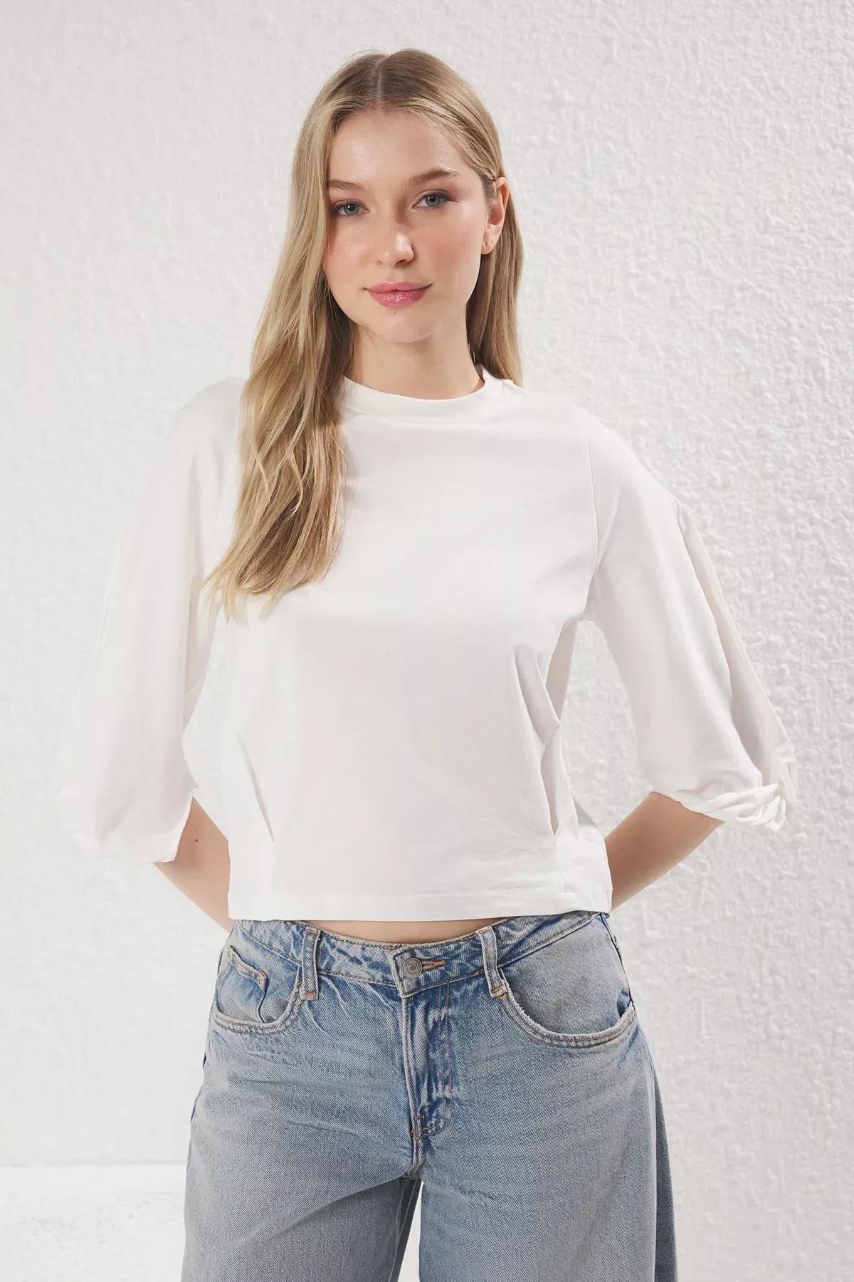 Beige Sleeve Detailed T-Shirt, Ecru, large image number 0