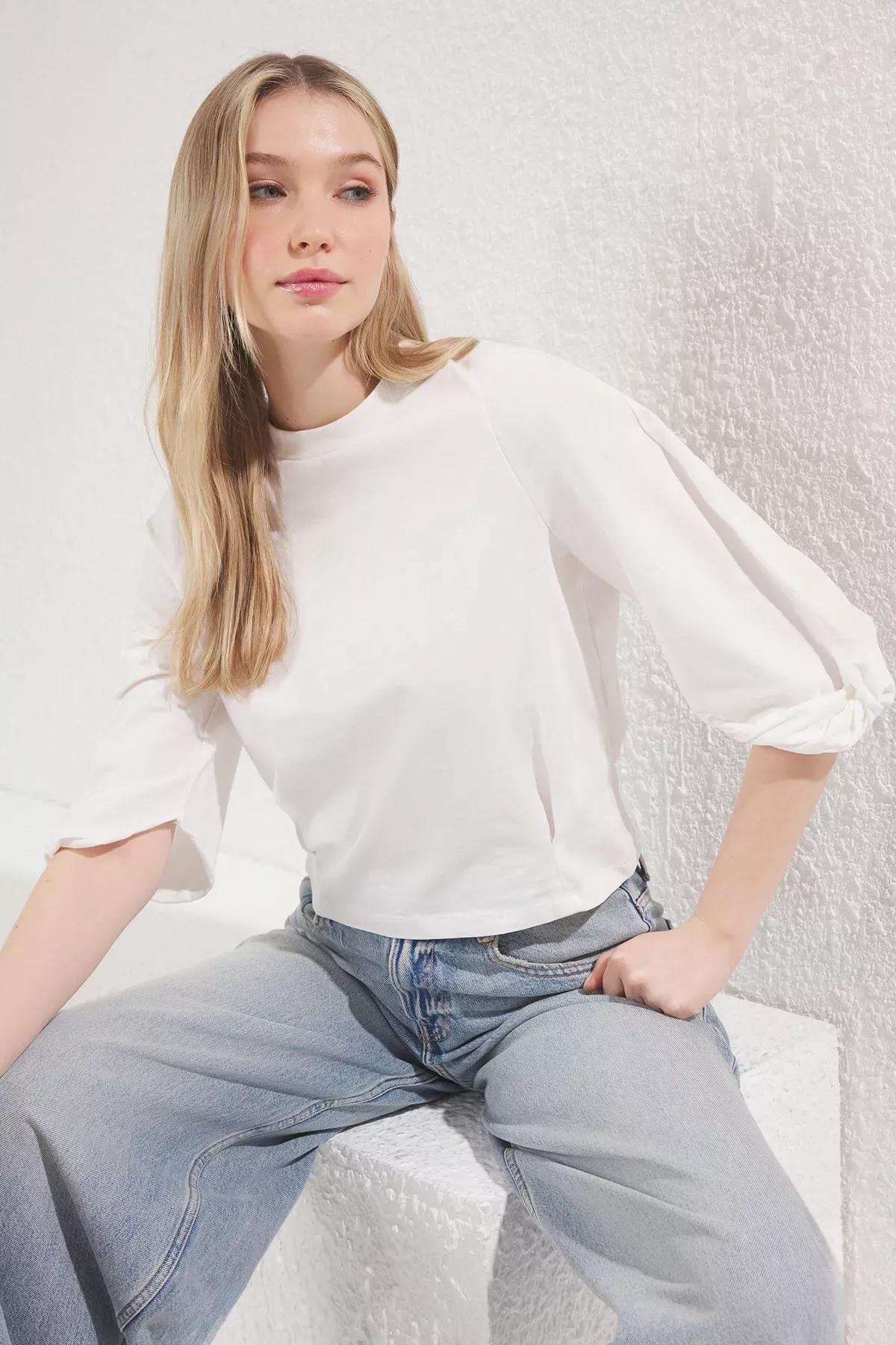 Beige Sleeve Detailed T-Shirt, Ecru, large image number 1