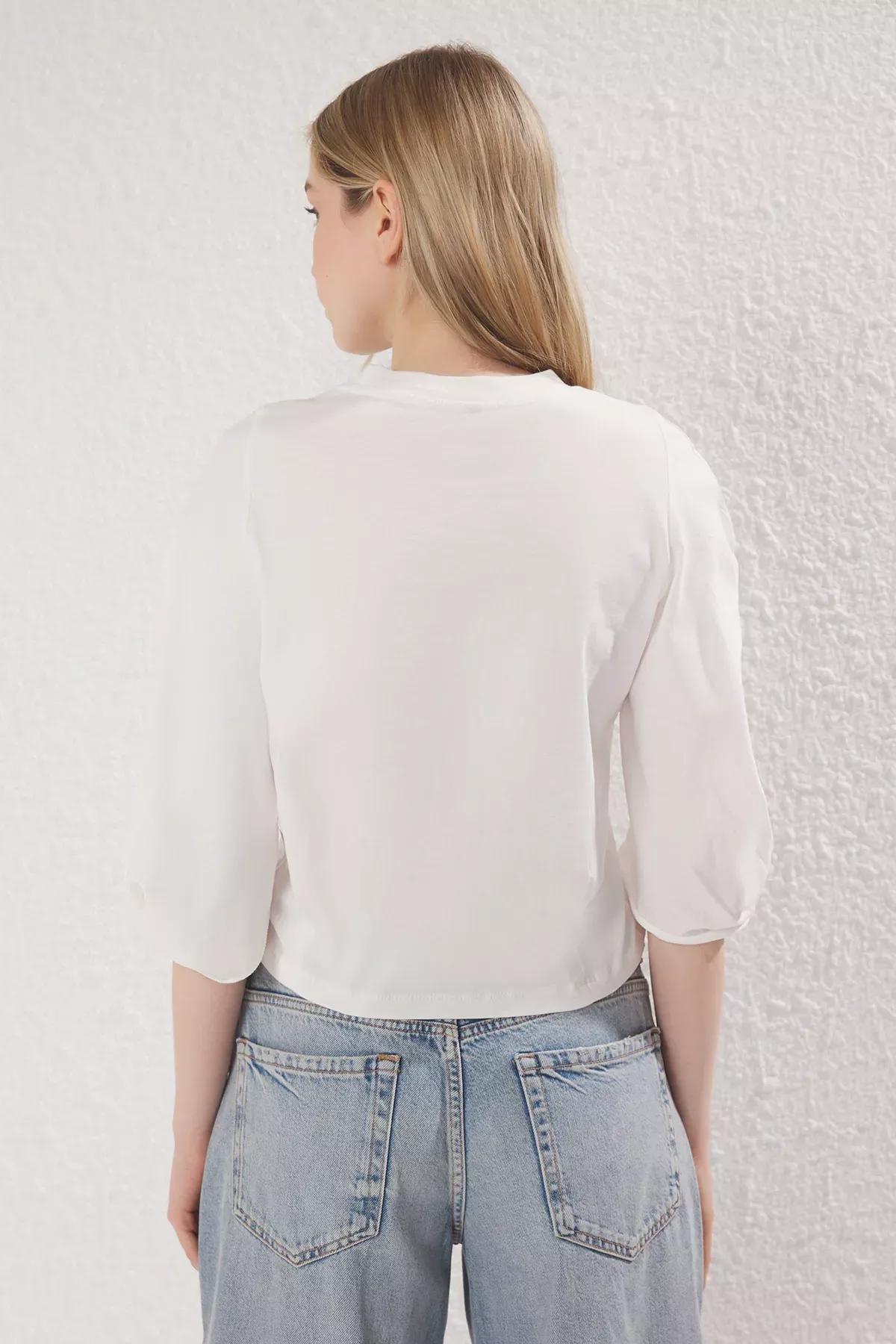 Beige Sleeve Detailed T-Shirt, Ecru, large image number 3