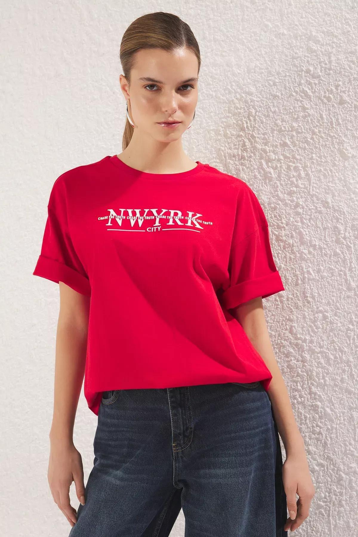 Red Oversize Printed T-Shirt, Red, large image number 0
