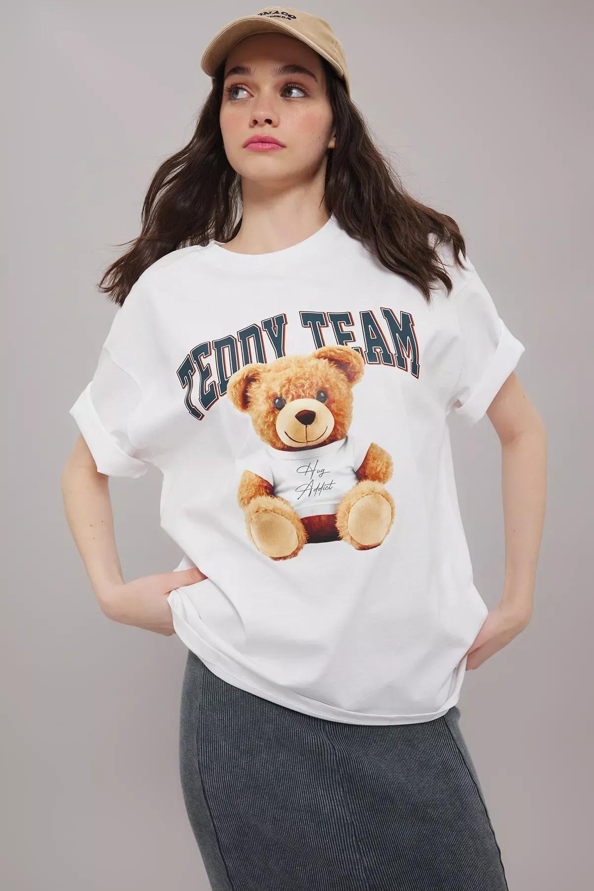 White Oversize Teddy Bear T-Shirt, White, large image number 0