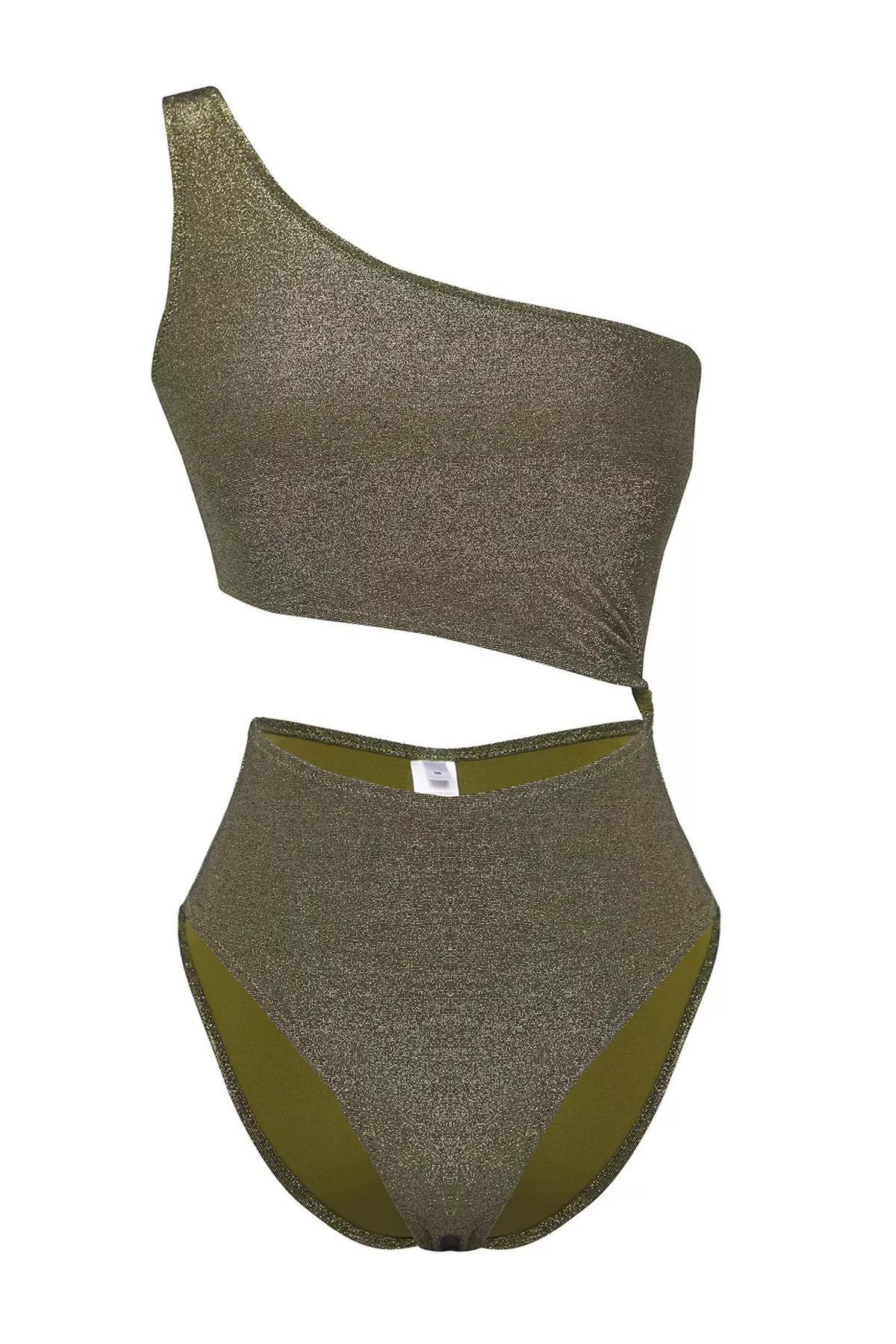 Khaki One Shoulder Glittery Swimsuit, , large image number 4