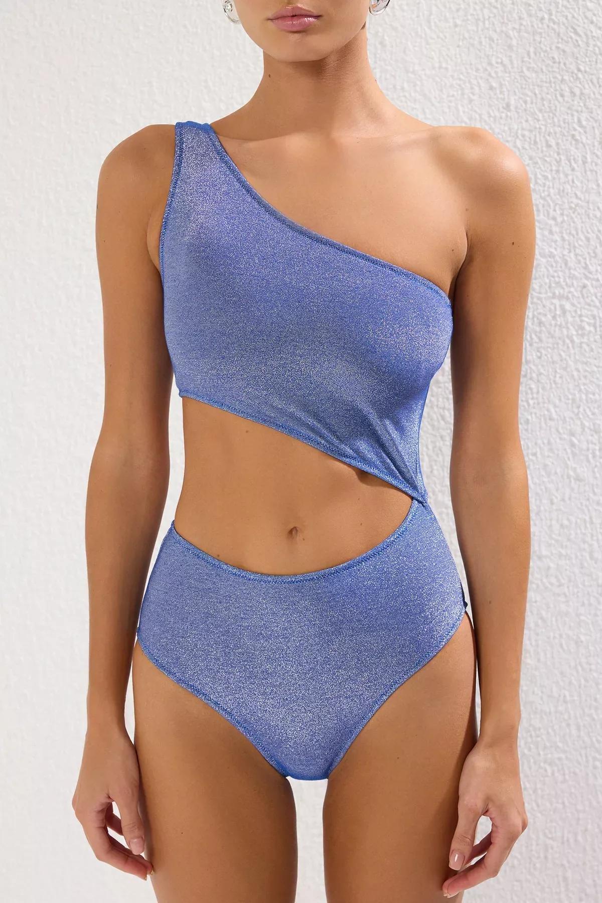 Blue One Shoulder Glittery Swimsuit, , large image number 2