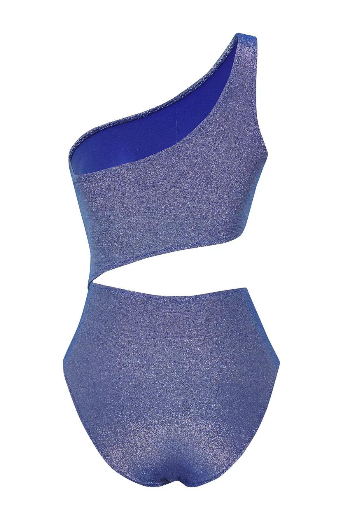 Blue One Shoulder Glittery Swimsuit, , large image number 5