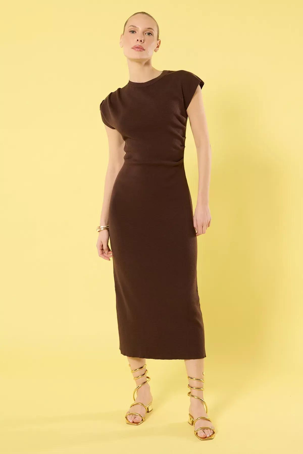 Brown Midi Stand Collar Knit Dress, Brown, large image number 0