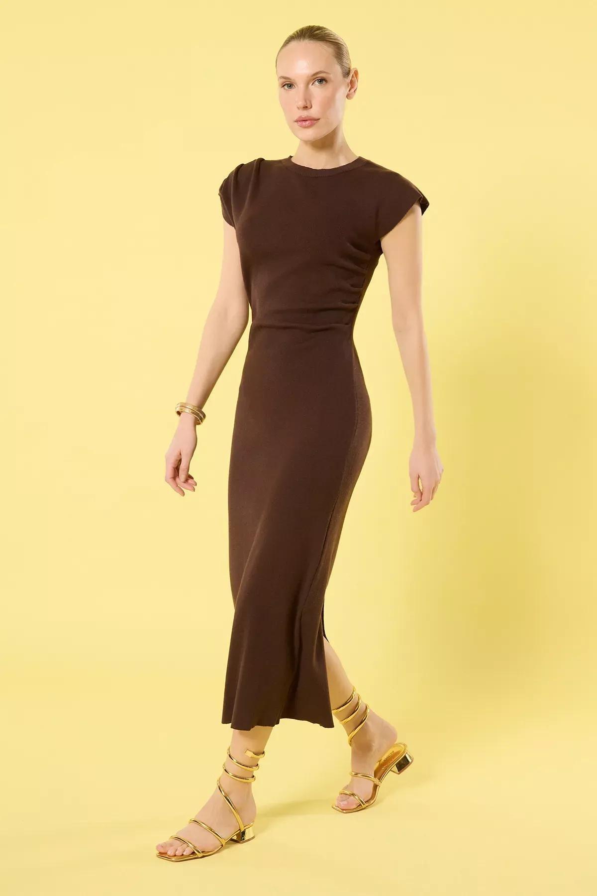 Brown Midi Stand Collar Knit Dress, Brown, large image number 1