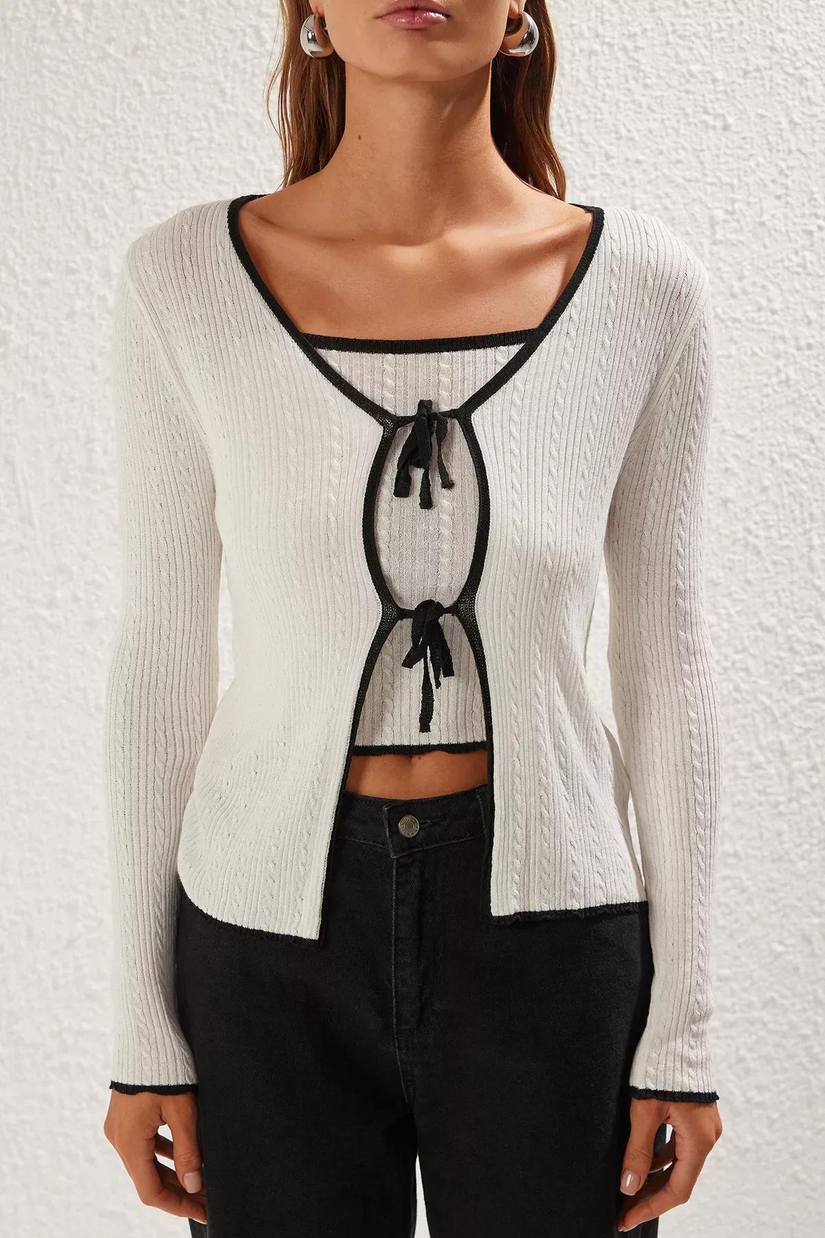Beige Ribbon Knitted Cardigan, , large image number 2