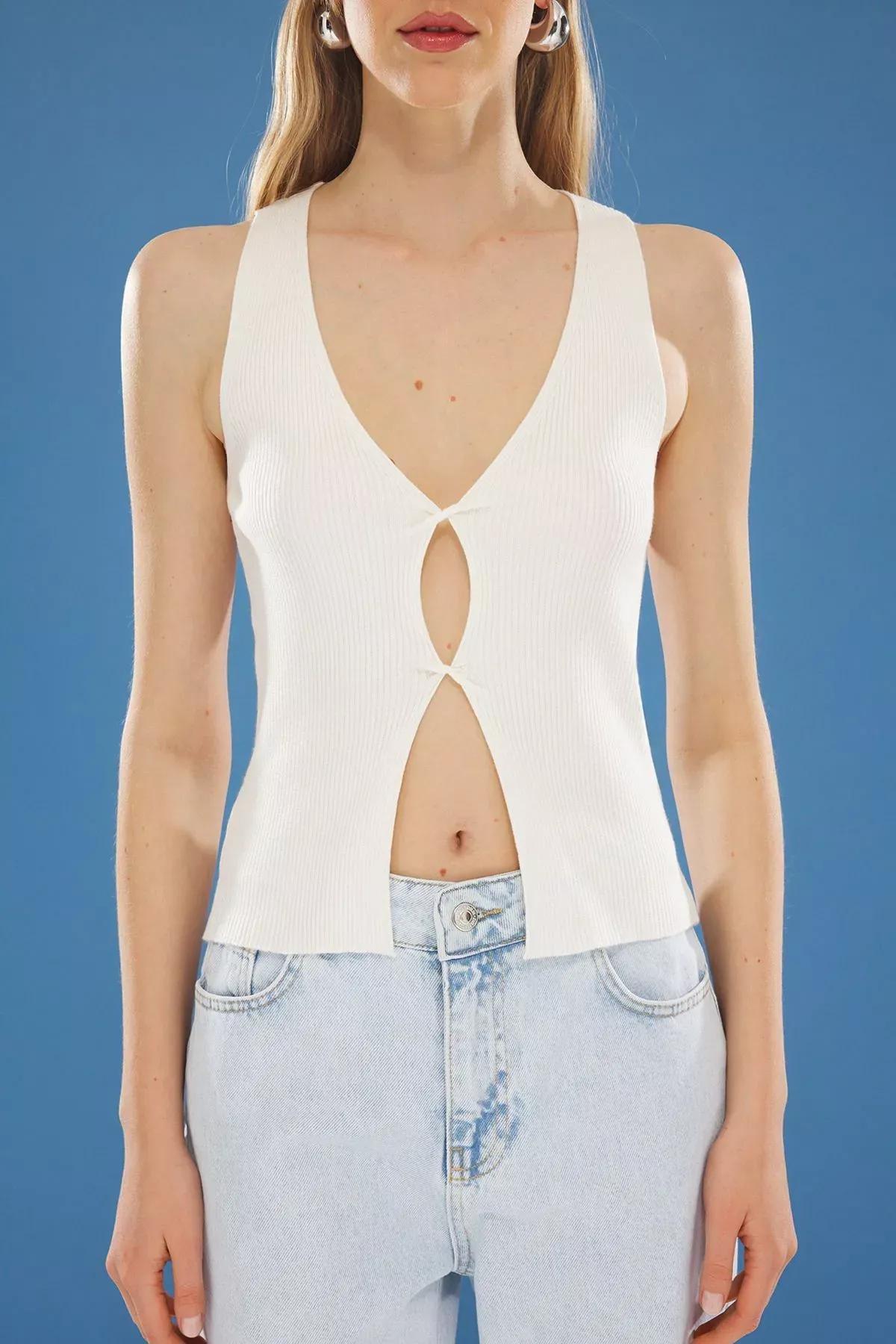 Beige V-Neck Gathered Blouse, Ecru, large image number 0