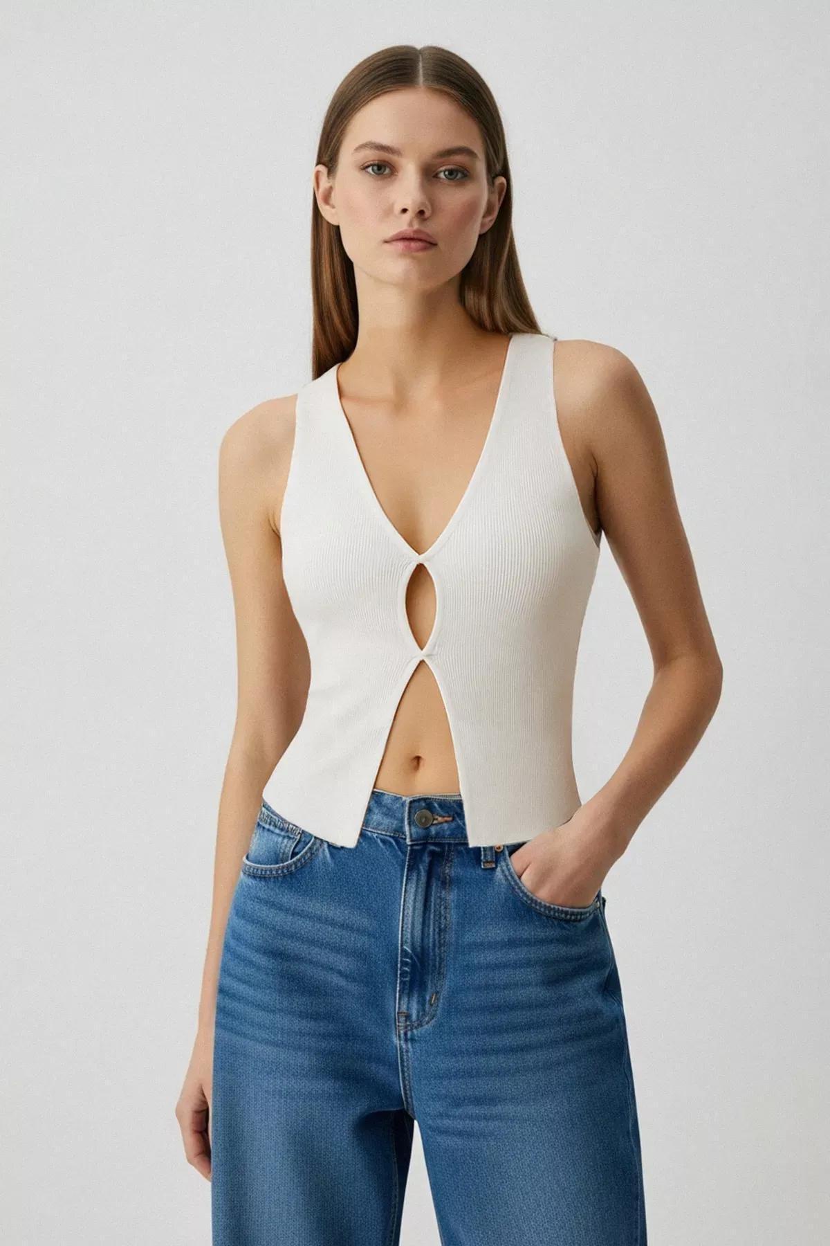 Beige V-Neck Gathered Blouse, Ecru, large image number 1