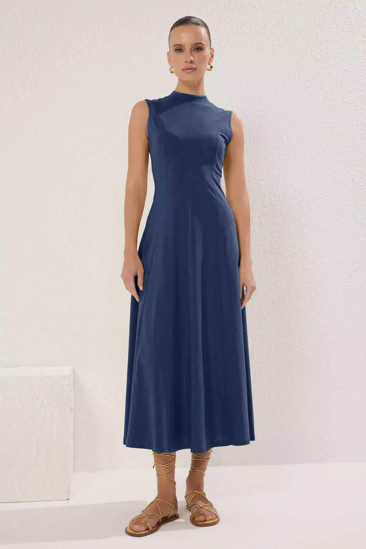 Blue A-Line Flare Maxi Knit Dress, Indigo, large image number 0