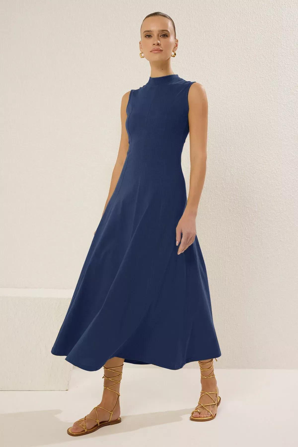 Blue A-Line Flare Maxi Knit Dress, Indigo, large image number 1