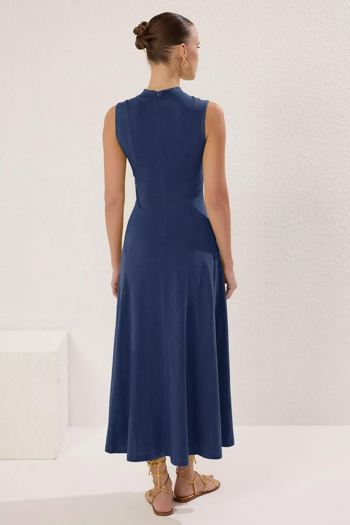 Blue A-Line Flare Maxi Knit Dress, Indigo, large image number 4