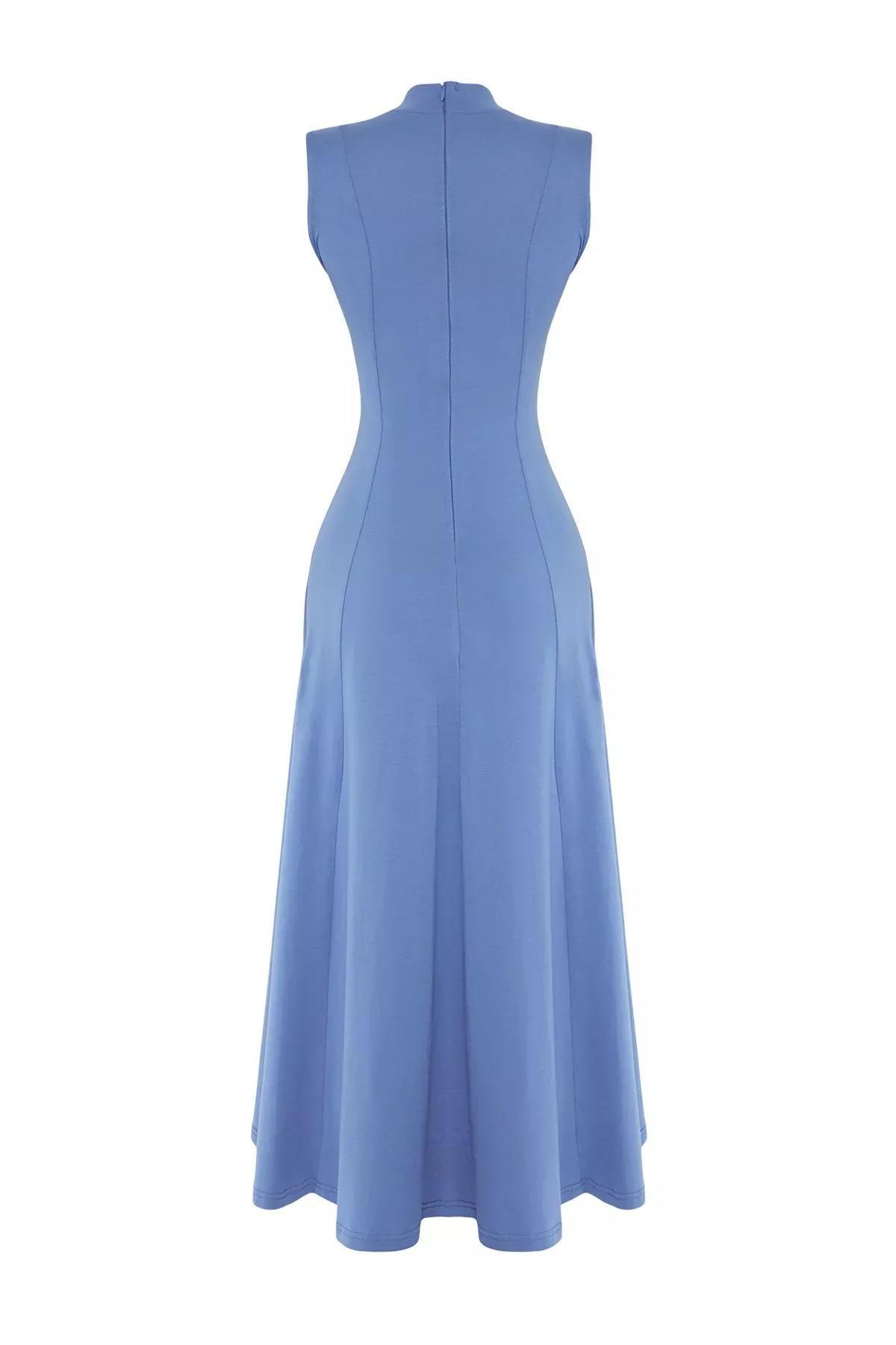 Blue A-Line Flare Maxi Knit Dress, Indigo, large image number 5