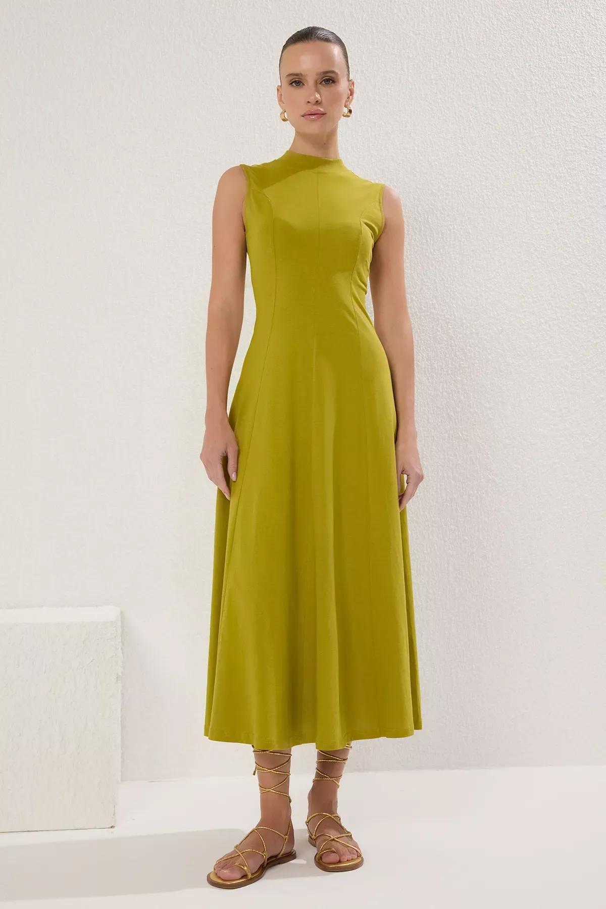 Green Collar A-Line Flare Maxi Knit Dress, OIL GREEN, large image number 0