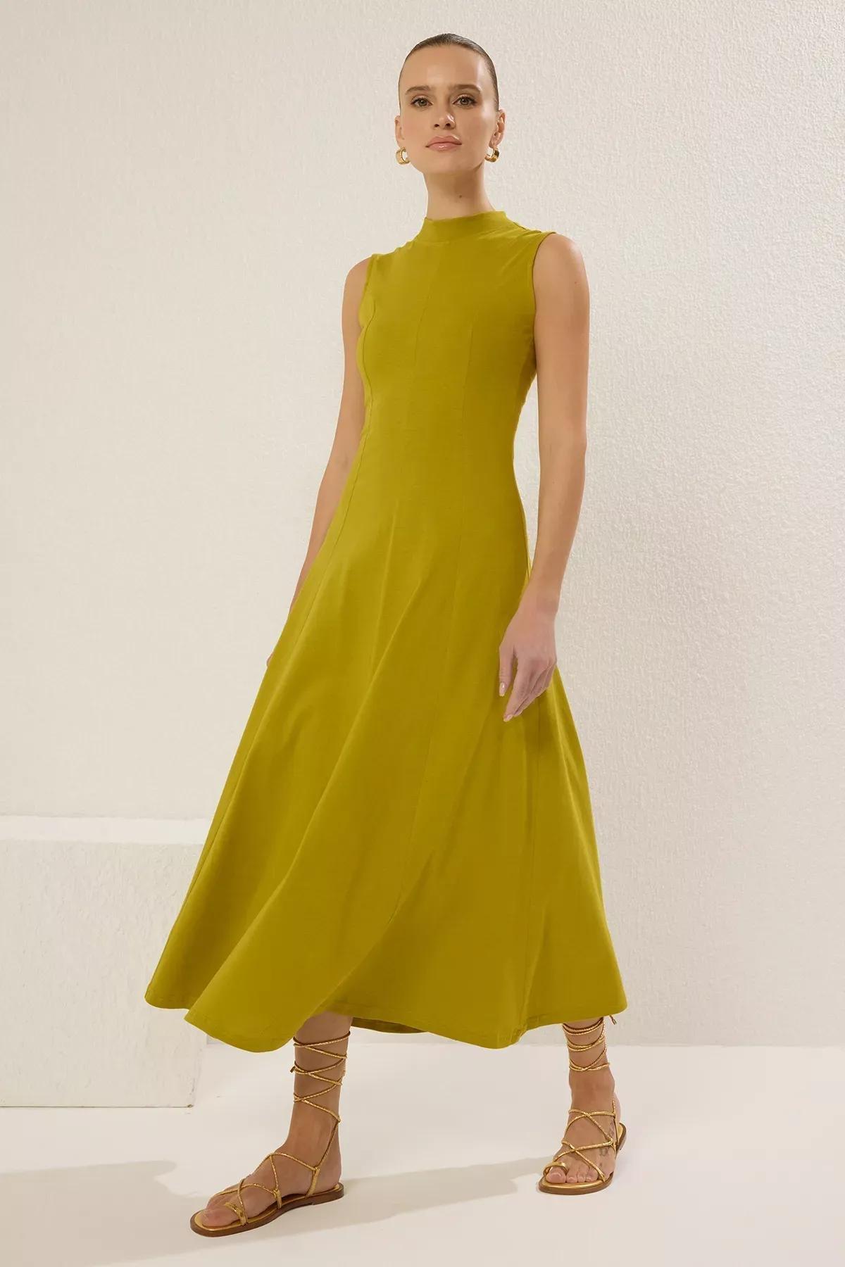 Green Collar A-Line Flare Maxi Knit Dress, OIL GREEN, large image number 1