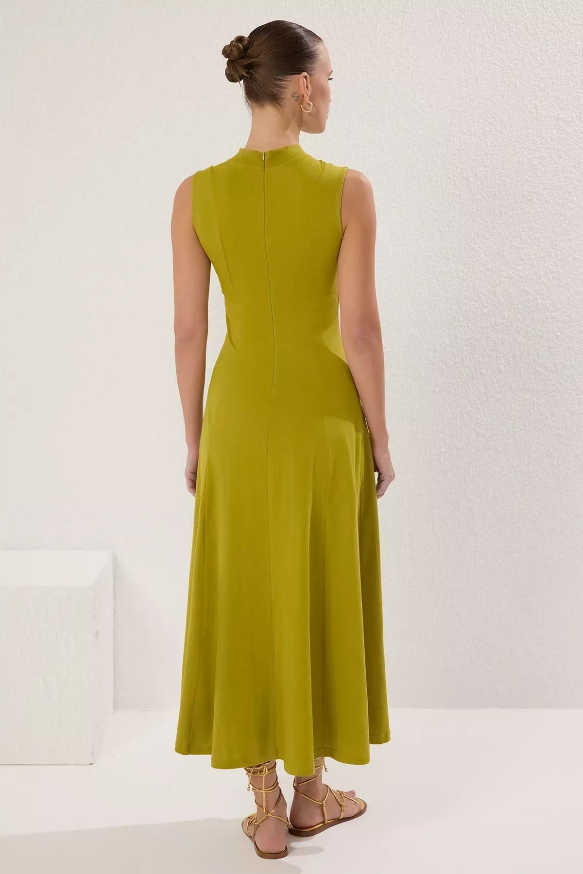 Green Collar A-Line Flare Maxi Knit Dress, OIL GREEN, large image number 3