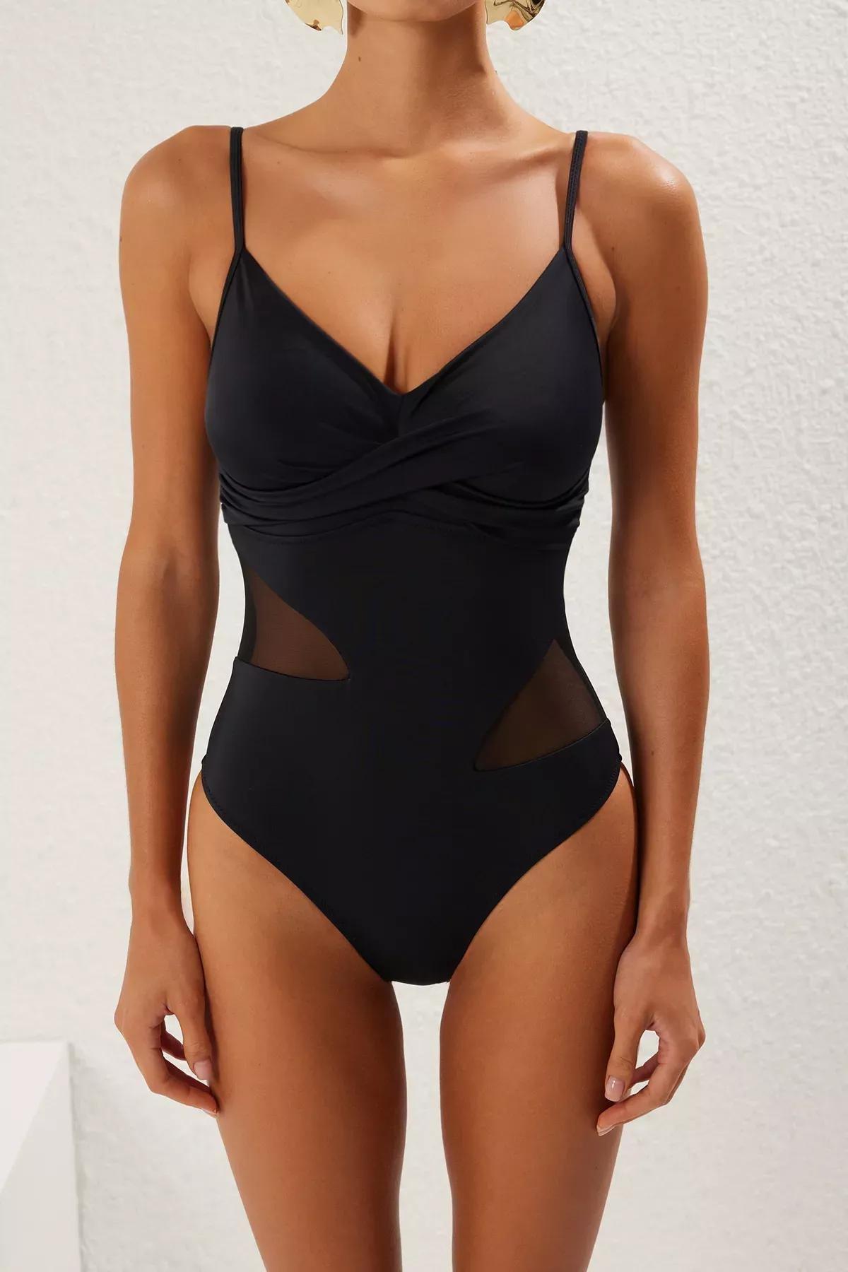 Black V-Neck Mesh Detailed Swimsuit, , large image number 3