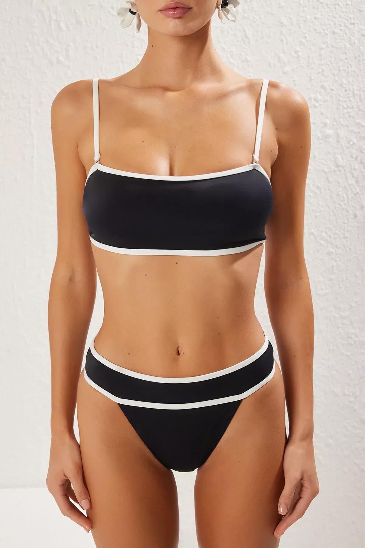 Black Piping Strapless High Waist Bikini Set, , large image number 2