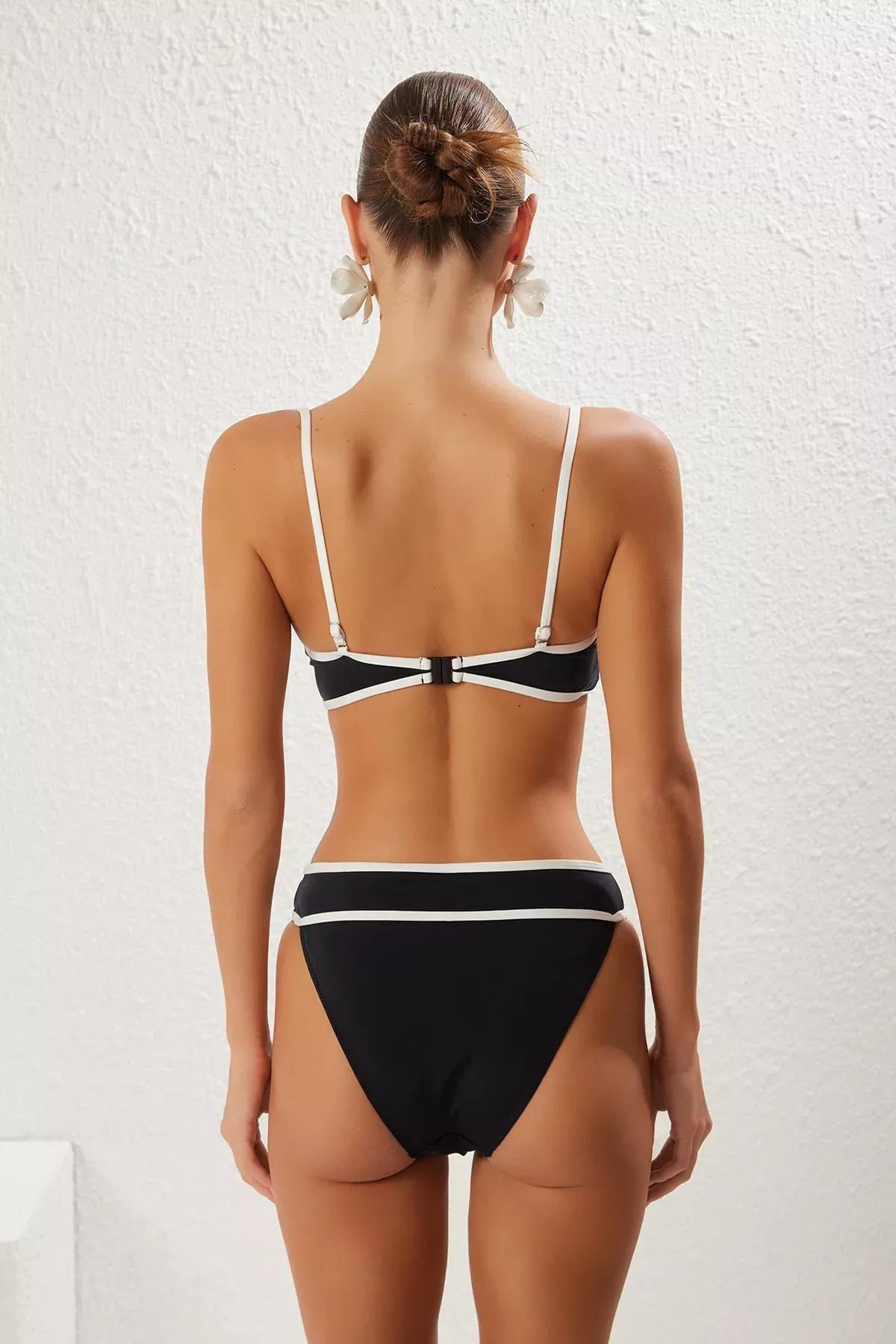 Black Piping Strapless High Waist Bikini Set, , large image number 4