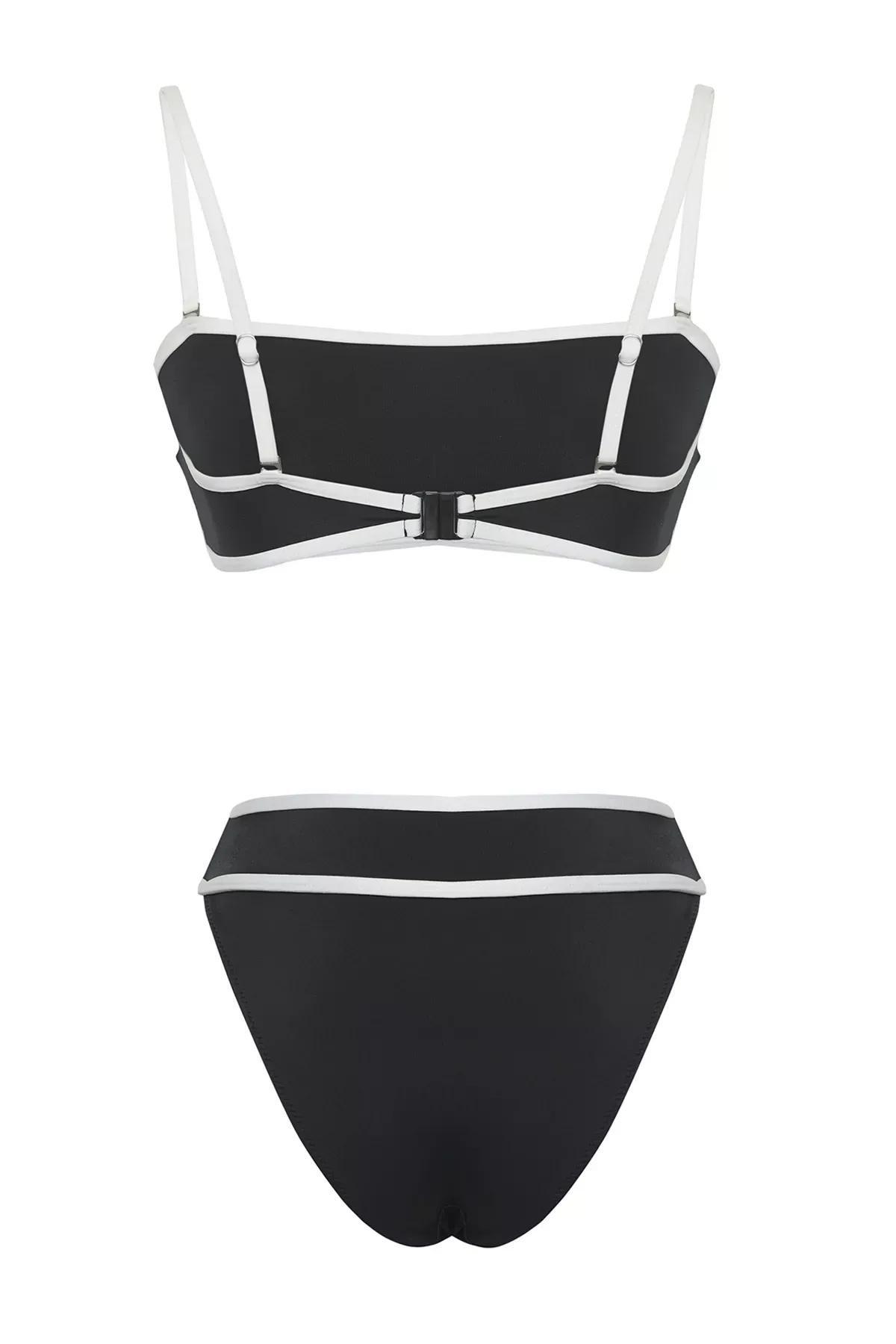 Black Piping Strapless High Waist Bikini Set, , large image number 5