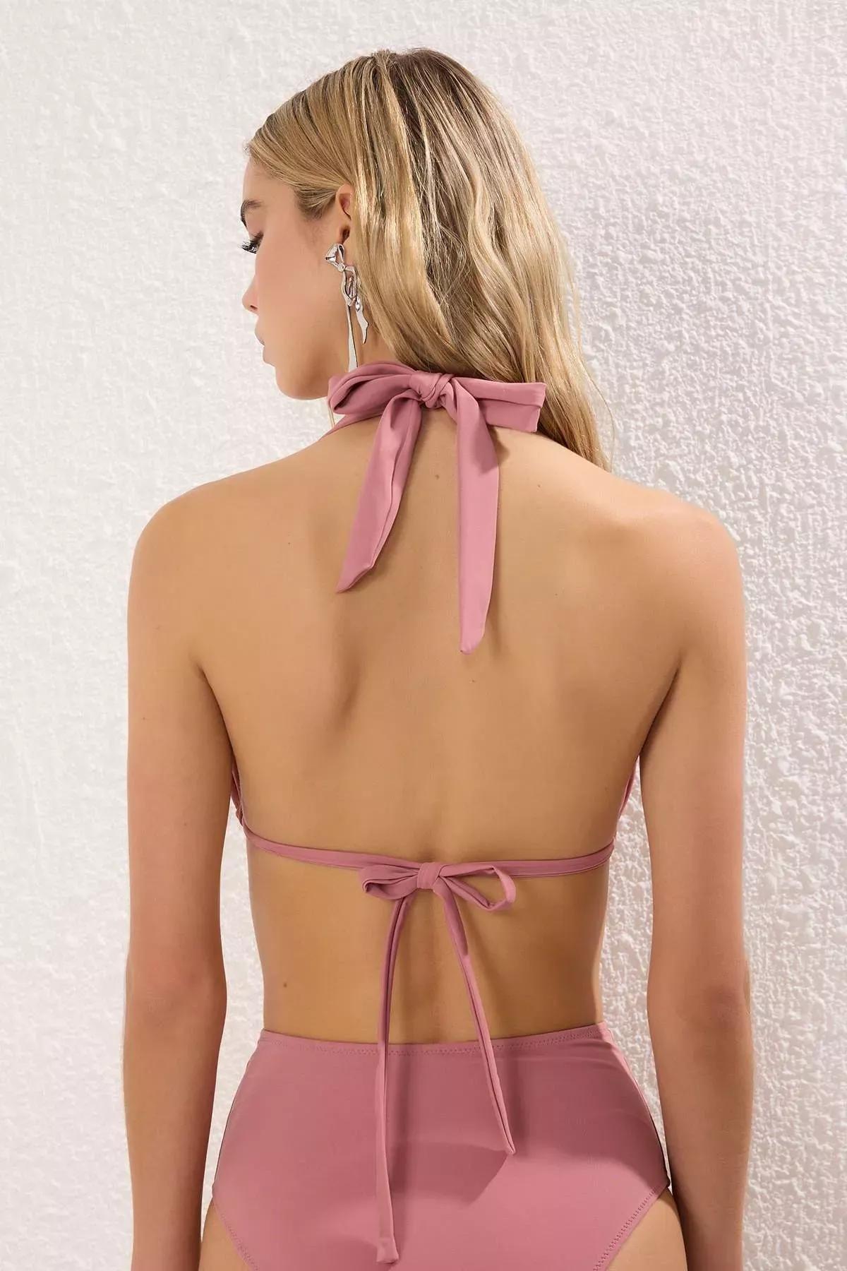 قطعة بيكيني علوية بتصميم مثلث بإكسسوارات على شكل عقدة فيونكة، وردي, C101_7441, large image number 6