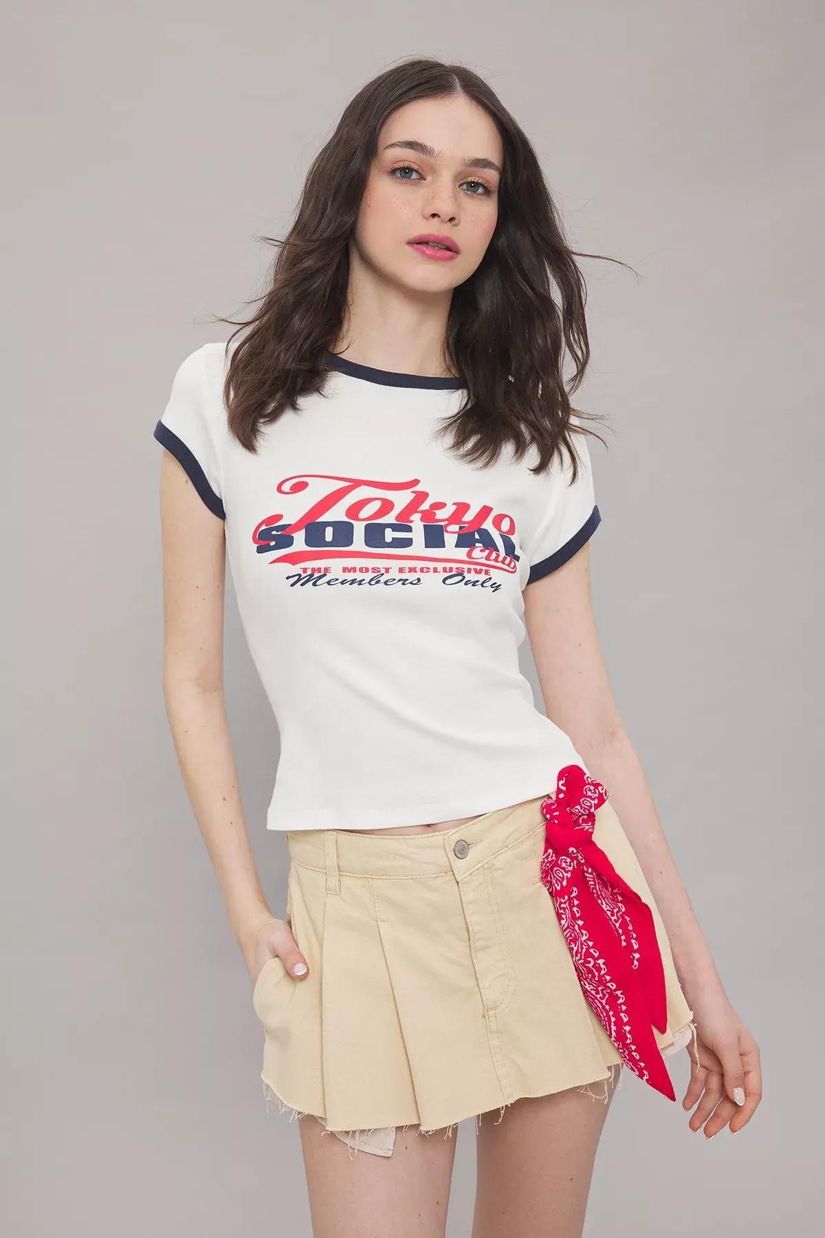 Beige Slogan Color Block T-Shirt, Ecru, large image number 2