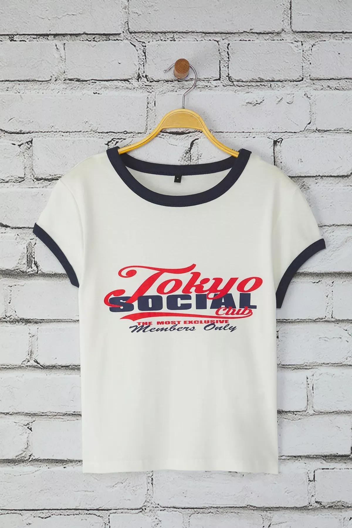 Beige Slogan Color Block T-Shirt, Ecru, large image number 4