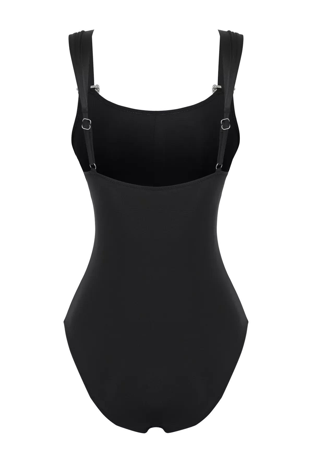 Black Square Neck Bow Accessory Swimsuit, C101_2094, large image number 5