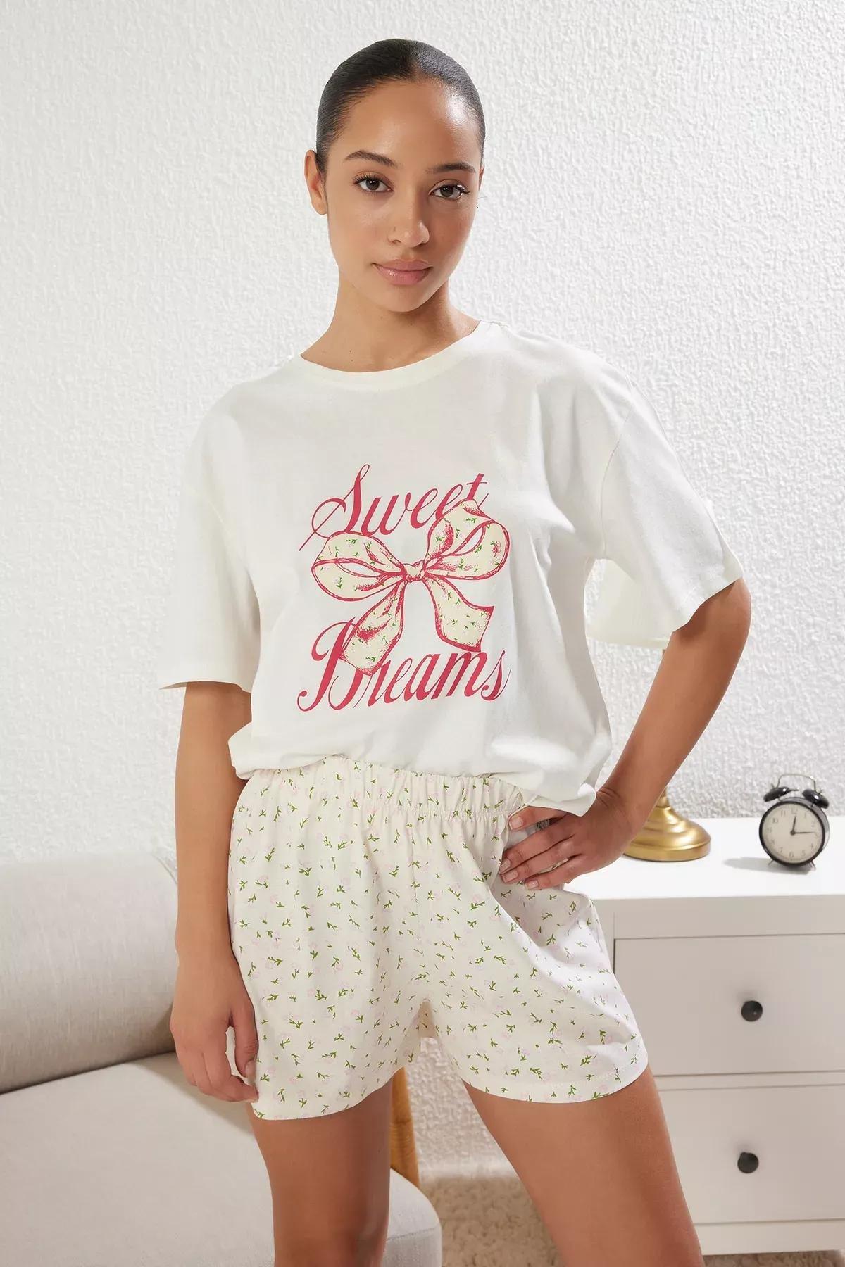 Beige Floral Ribbon Shorts Set, , large image number 0