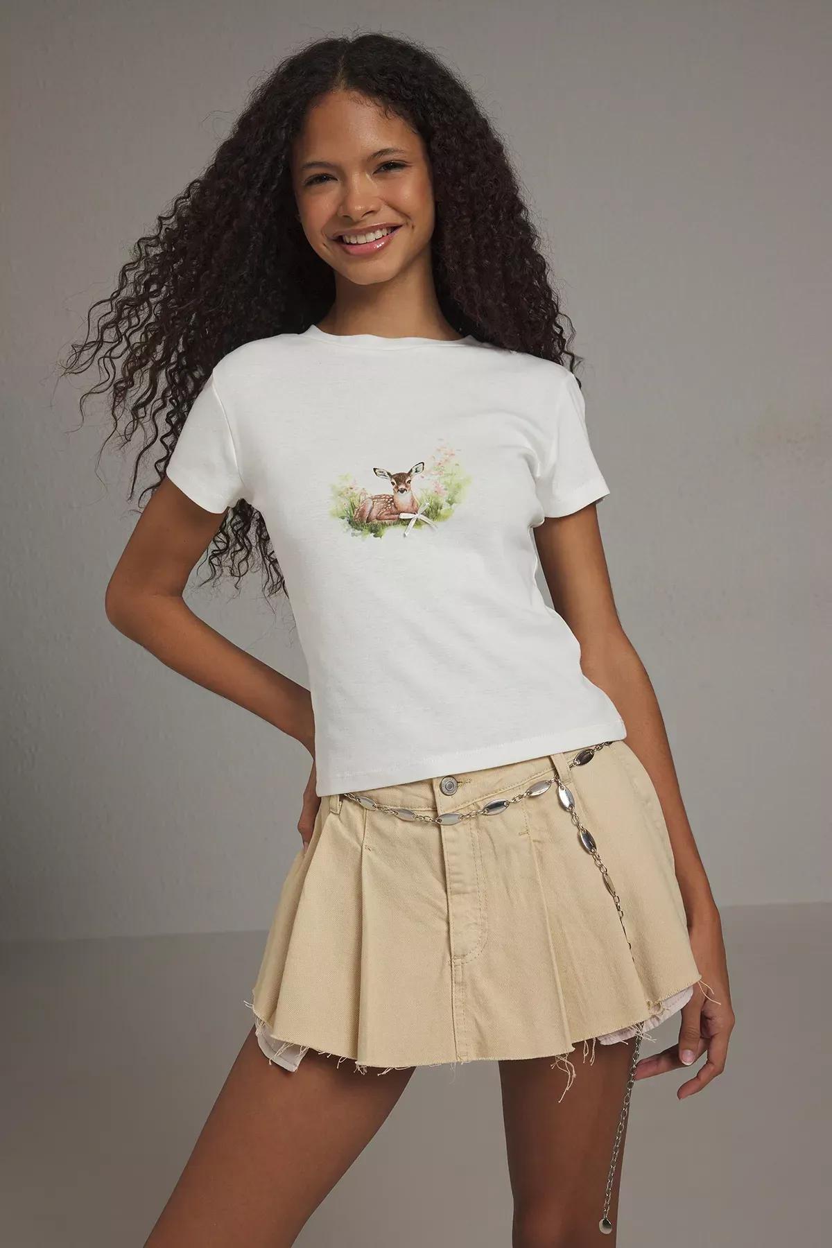 Beige Deer Printed Fitted T-Shirt, C101_1635, large image number 0