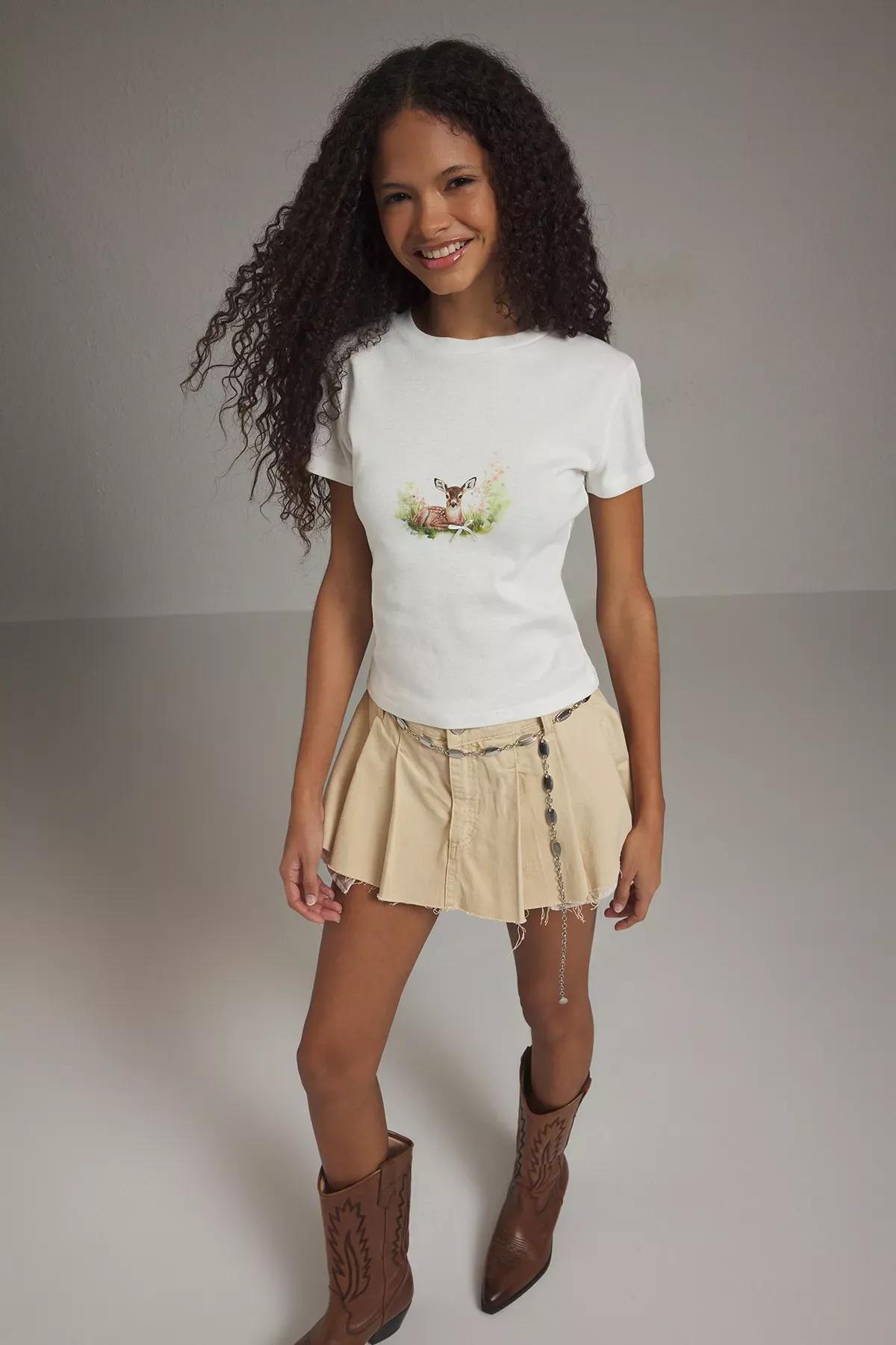 Beige Deer Printed Fitted T-Shirt, C101_1635, large image number 1