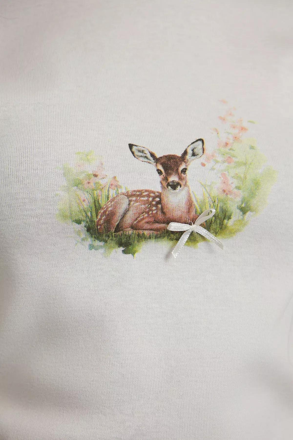 Beige Deer Printed Fitted T-Shirt, C101_1635, large image number 2