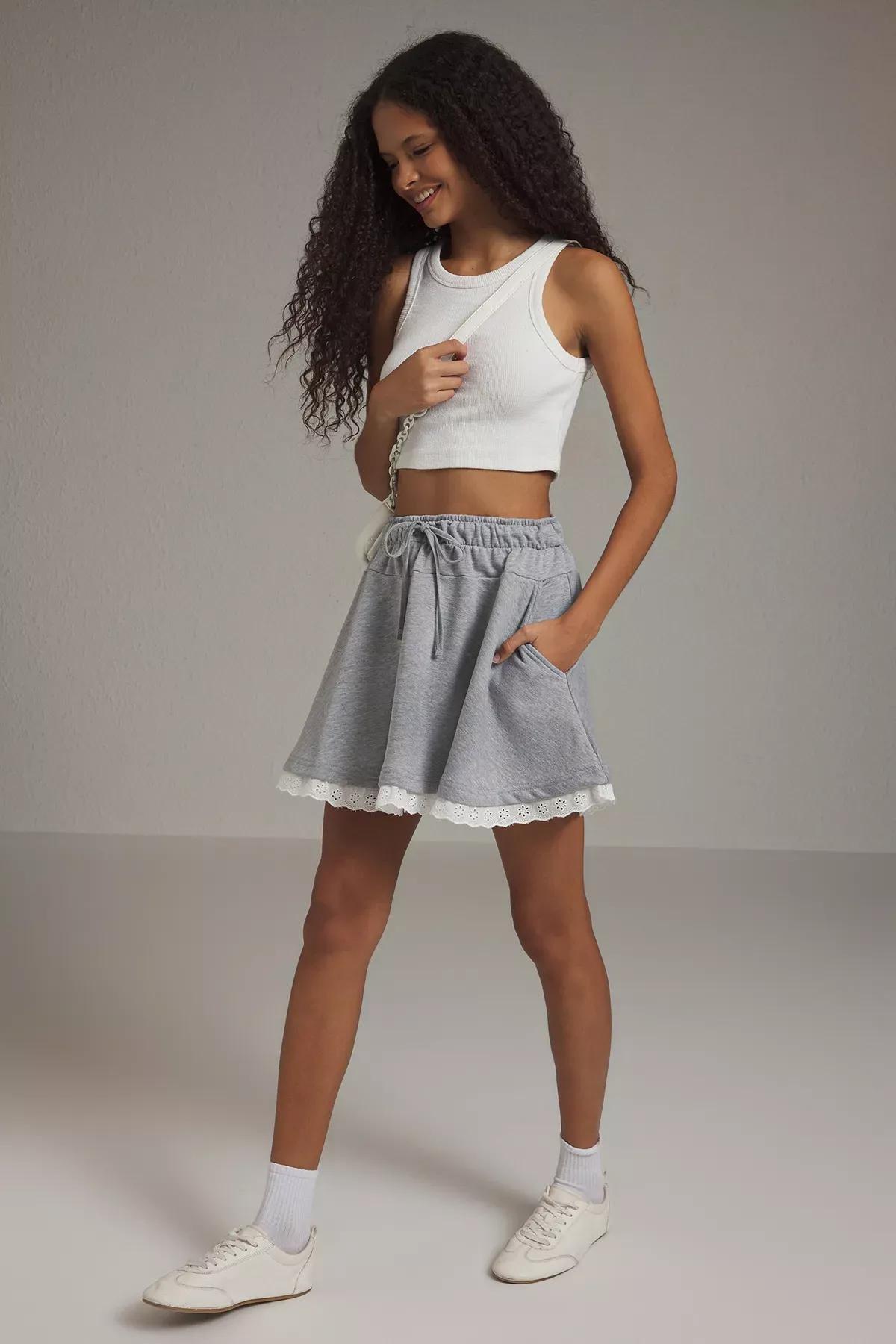 Grey Lace Ruffle Knit Skirt, , large image number 2