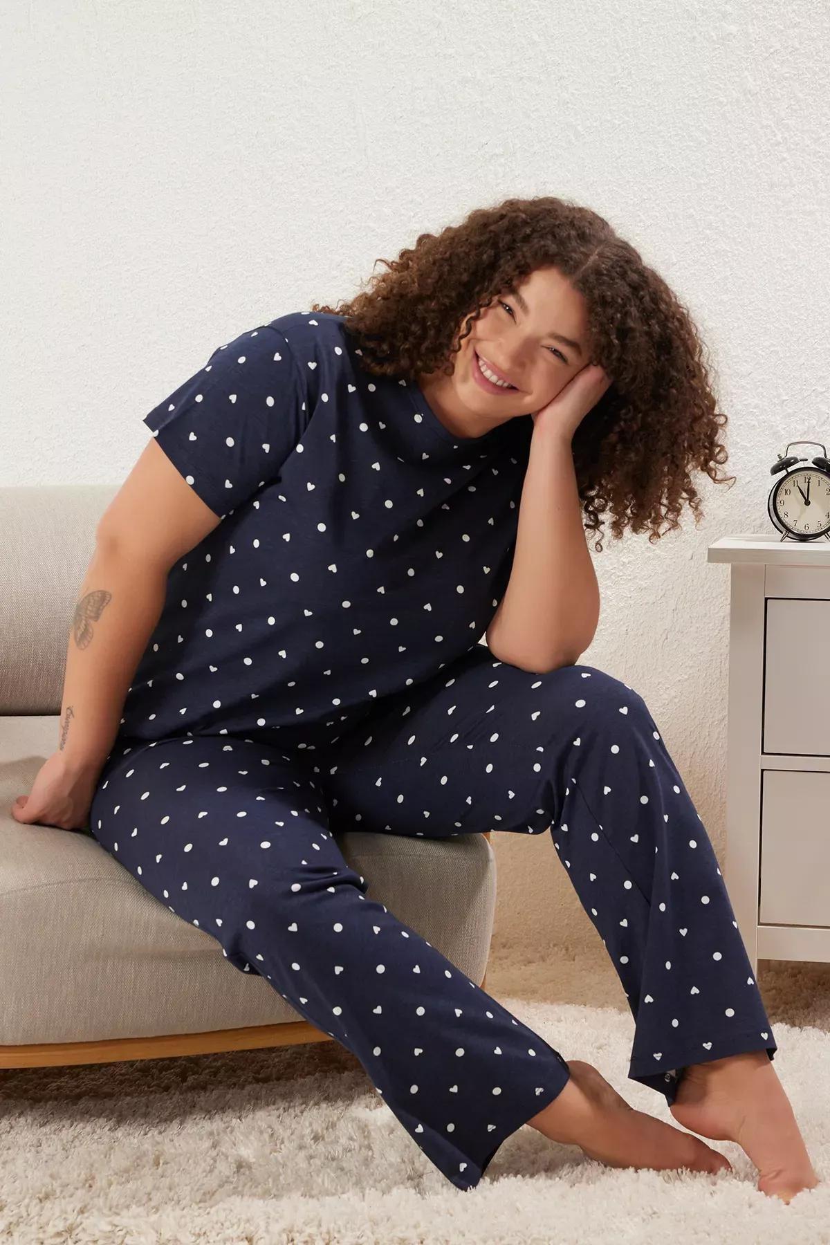 Navy Patterned Knitted Pyjamas Set, Navy blue, large image number 1