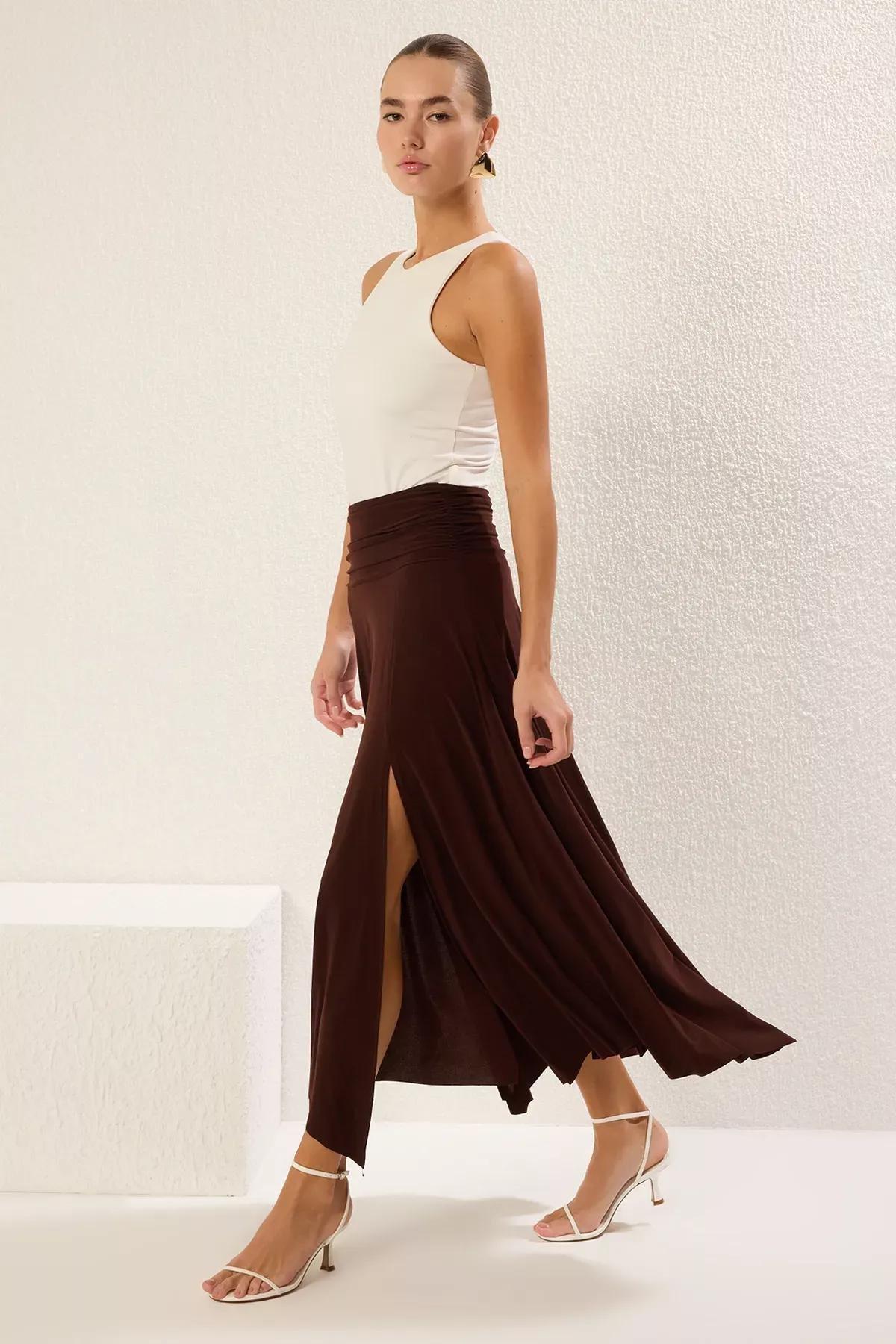 Brown Slit Stretch Maxi Skirt, , large image number 1