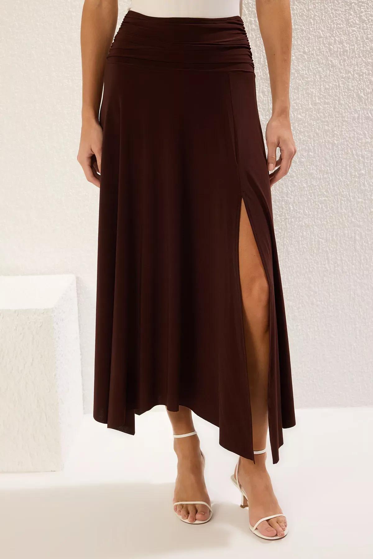 Brown Slit Stretch Maxi Skirt, , large image number 2
