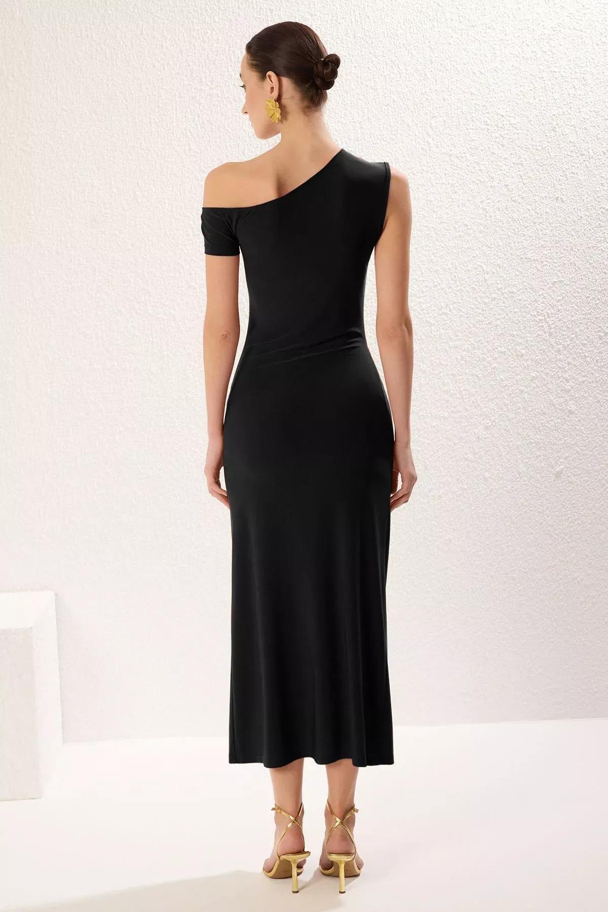 Black Boat Neck Maxi Knit Dress, , large image number 4