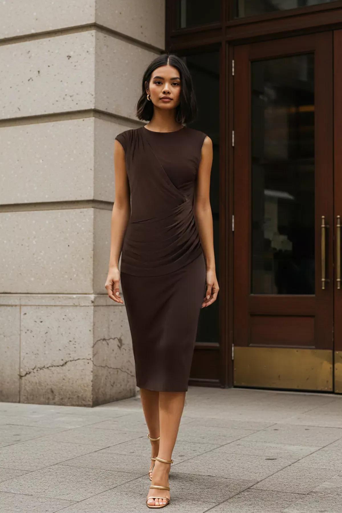 Brown Moon Sleeve Midi Knit Dress, Brown, large image number 1