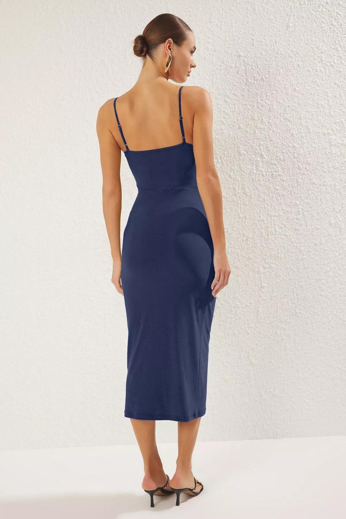 Navy Strappy Cowl Neck Maxi Knit Dress, , large image number 3